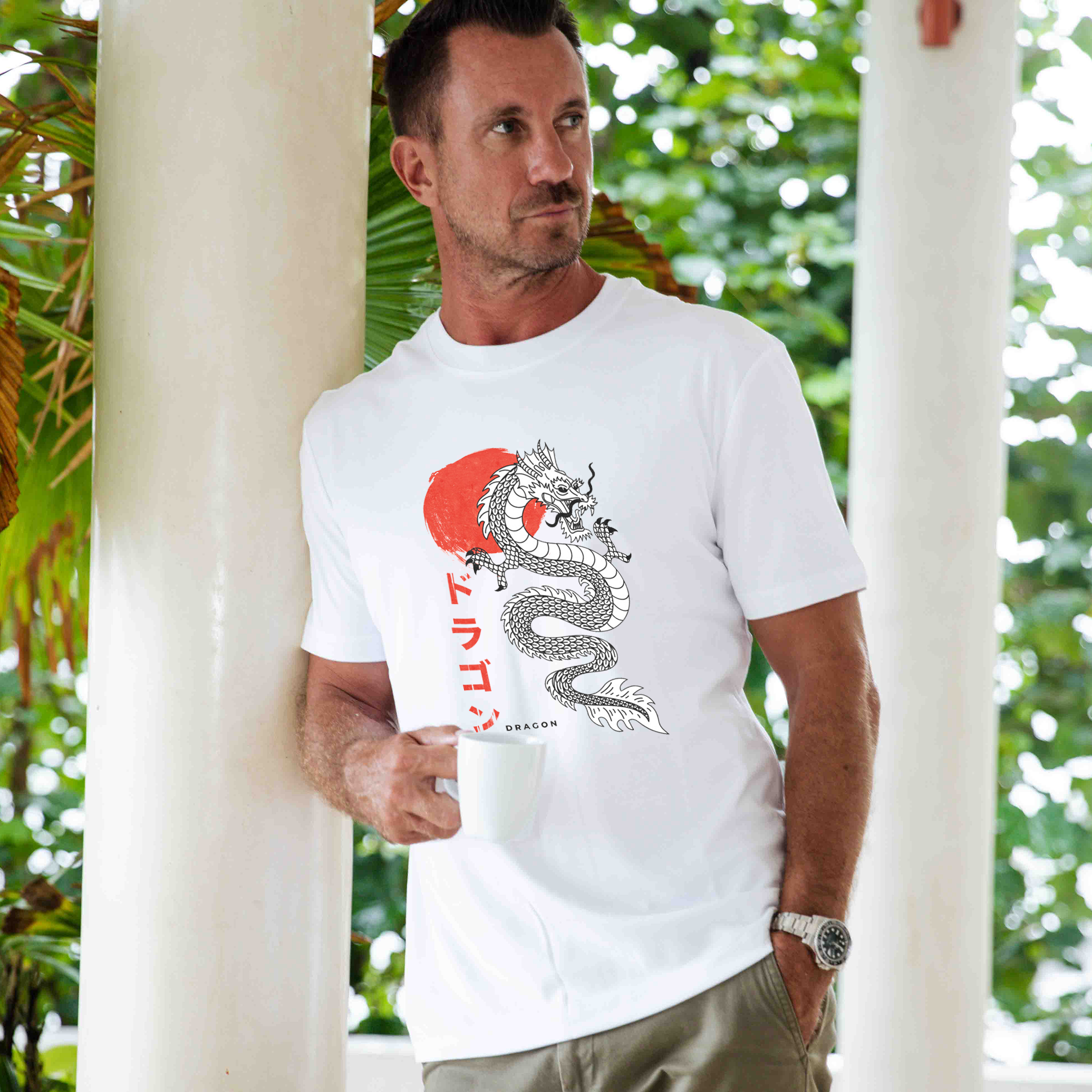 Hawaiian Tee For Men Dragon Dance Tee Crew Neck 100% Cotton - WHITE By Shawn