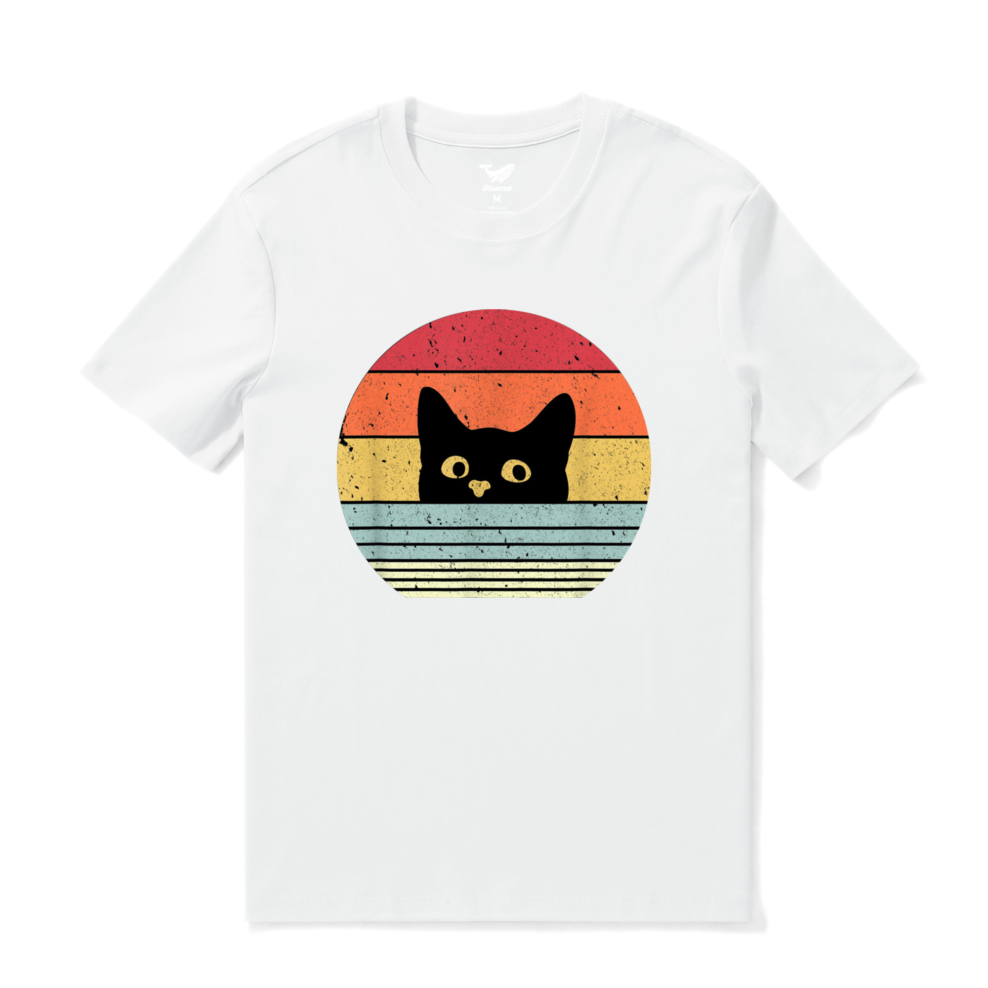 Hawaiian Tee For Men Retro Cute Cat Tee Crew Neck 100% Cotton - WHITE By Shawn