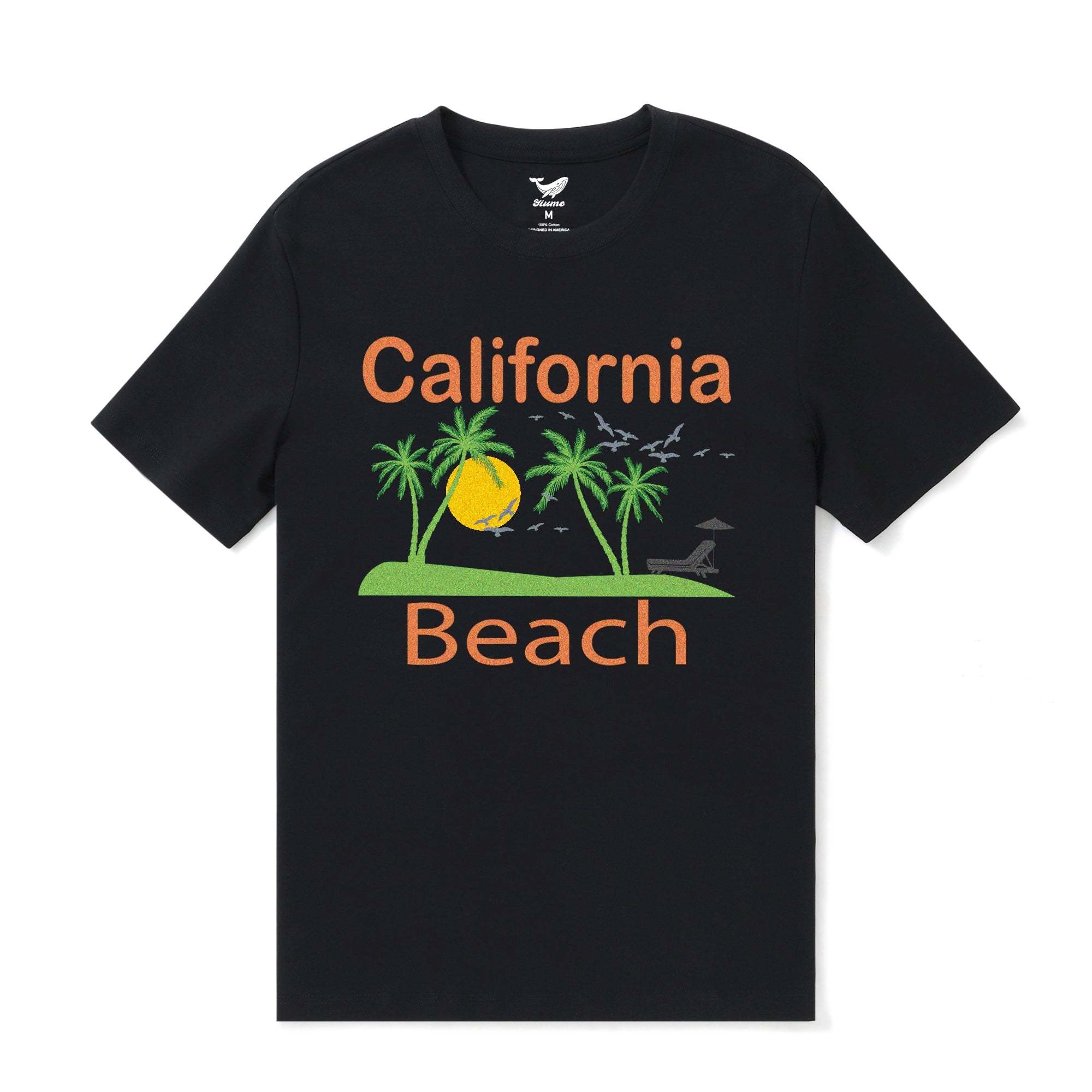 Hawaiian Tee For Men California Beach Tee Crew Neck 100% Cotton -BLACK By Shawn