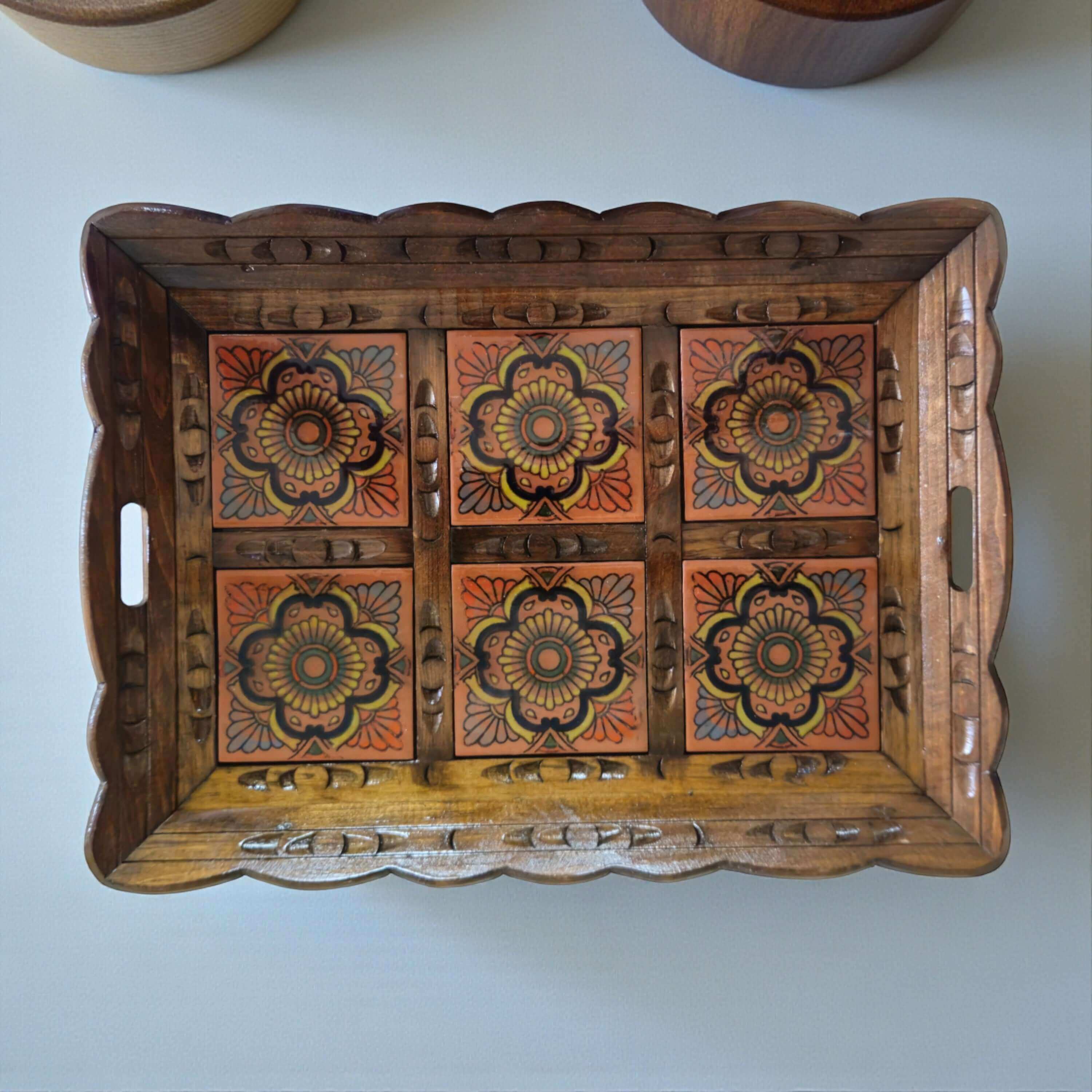 Handmade Talavera Tile Serving Tray | Mexican Wooden Tray