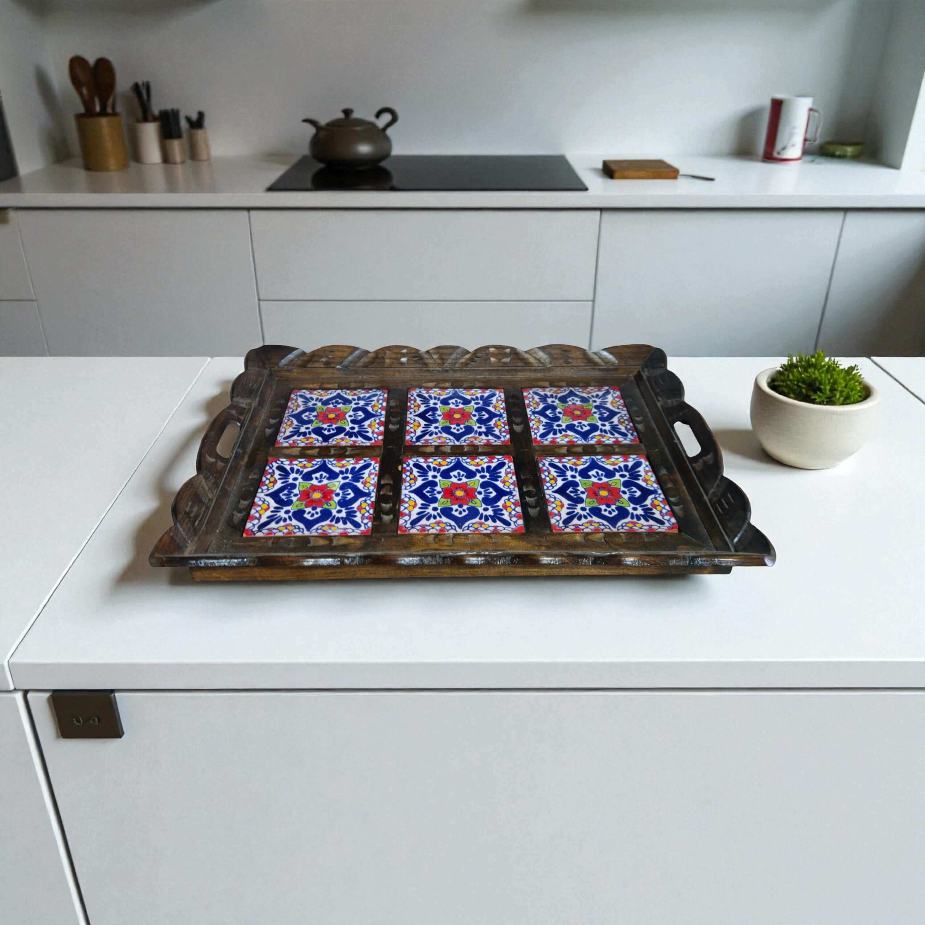Handmade Talavera Tile Serving Tray | Mexican Wooden Tray