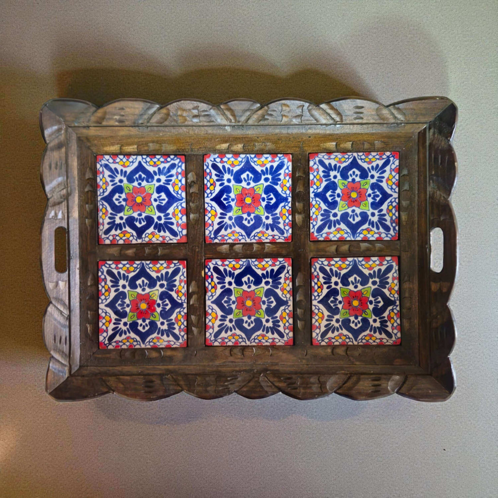 Handmade Talavera Tile Serving Tray | Mexican Wooden Tray
