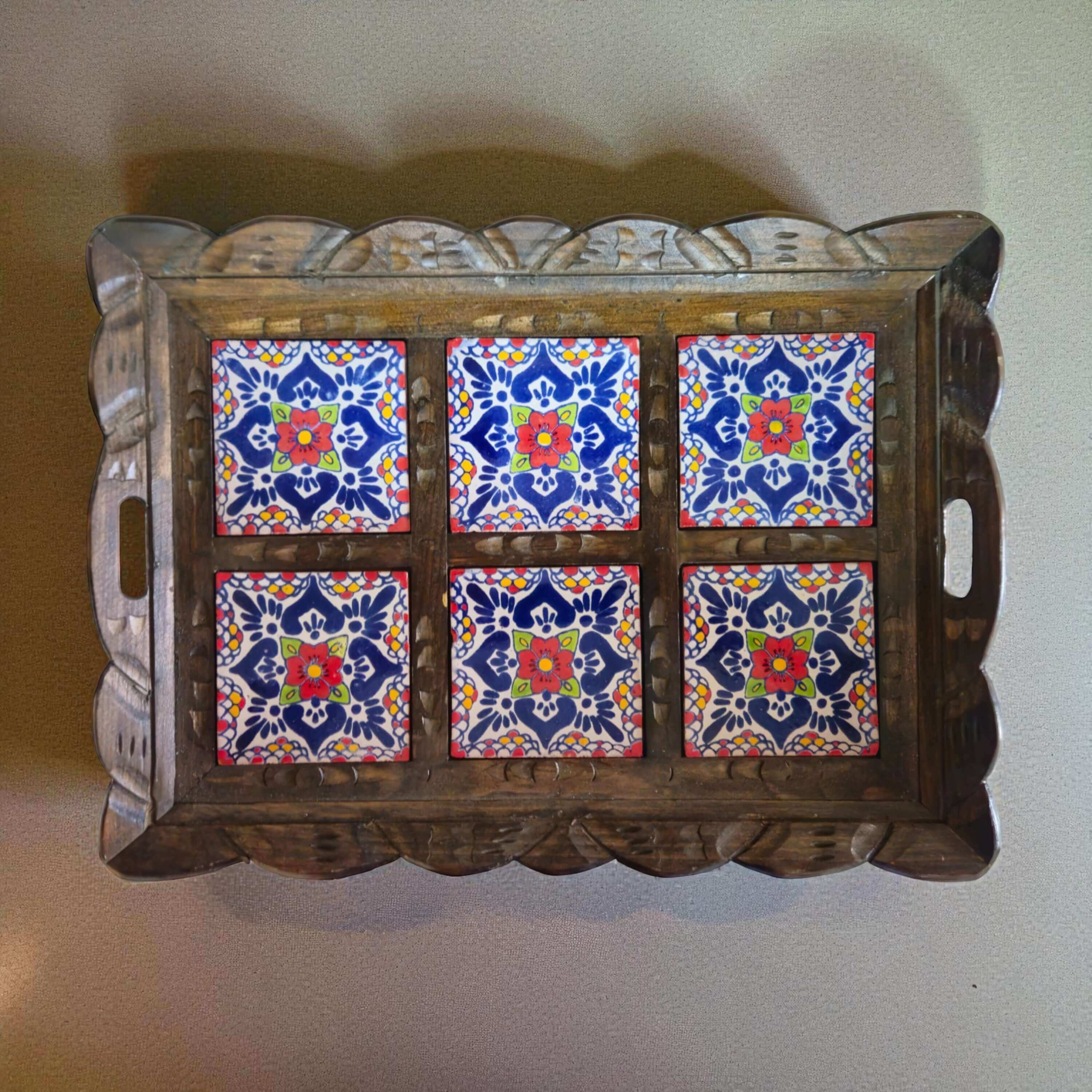 Handmade Talavera Tile Serving Tray | Mexican Wooden Tray