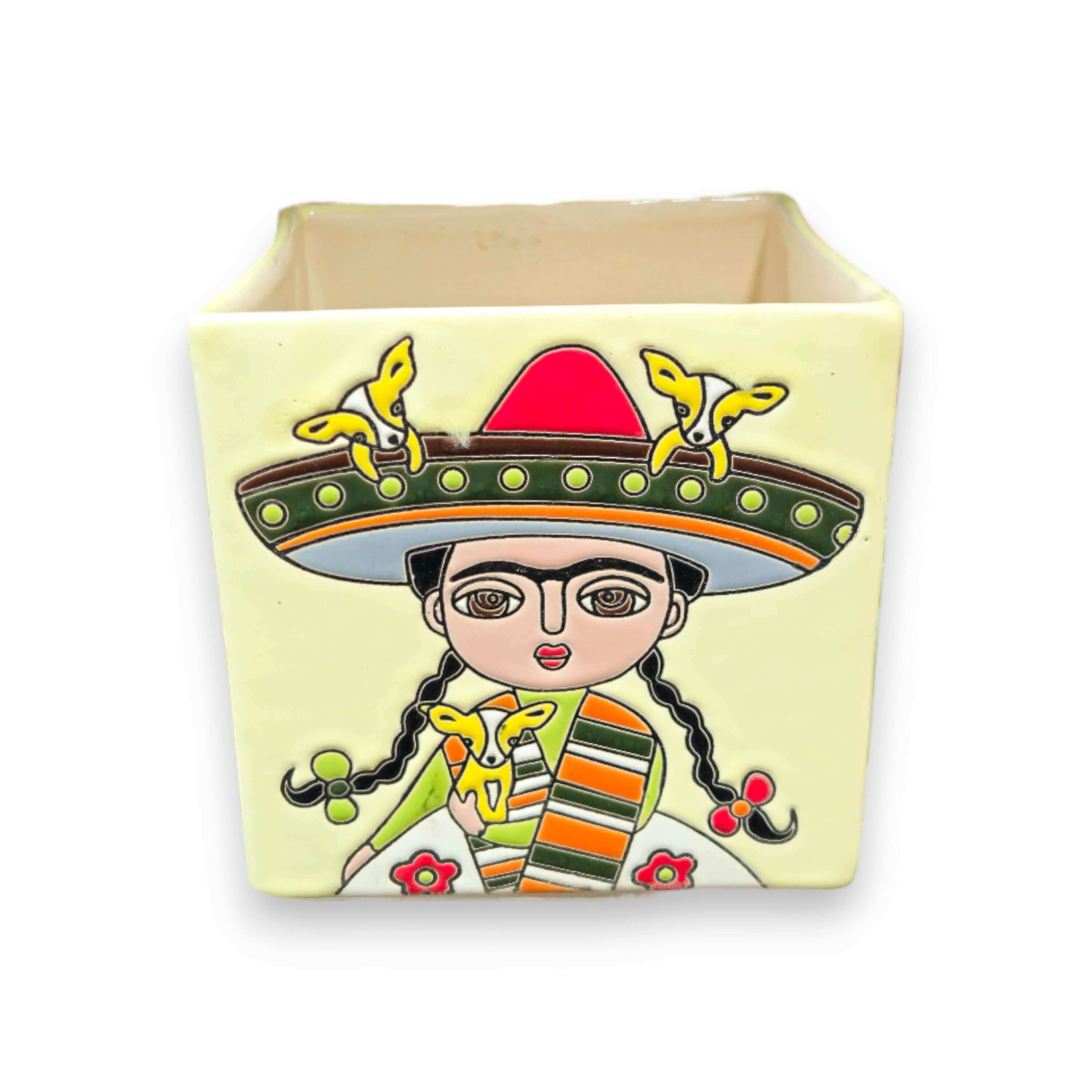 Hand-Painted Frida Kahlo Talavera Pot | Mexican Folk Art Planter