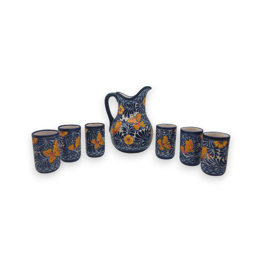 Blue Monarch Talavera Pitcher Set | Mexican Ceramic Drinkware