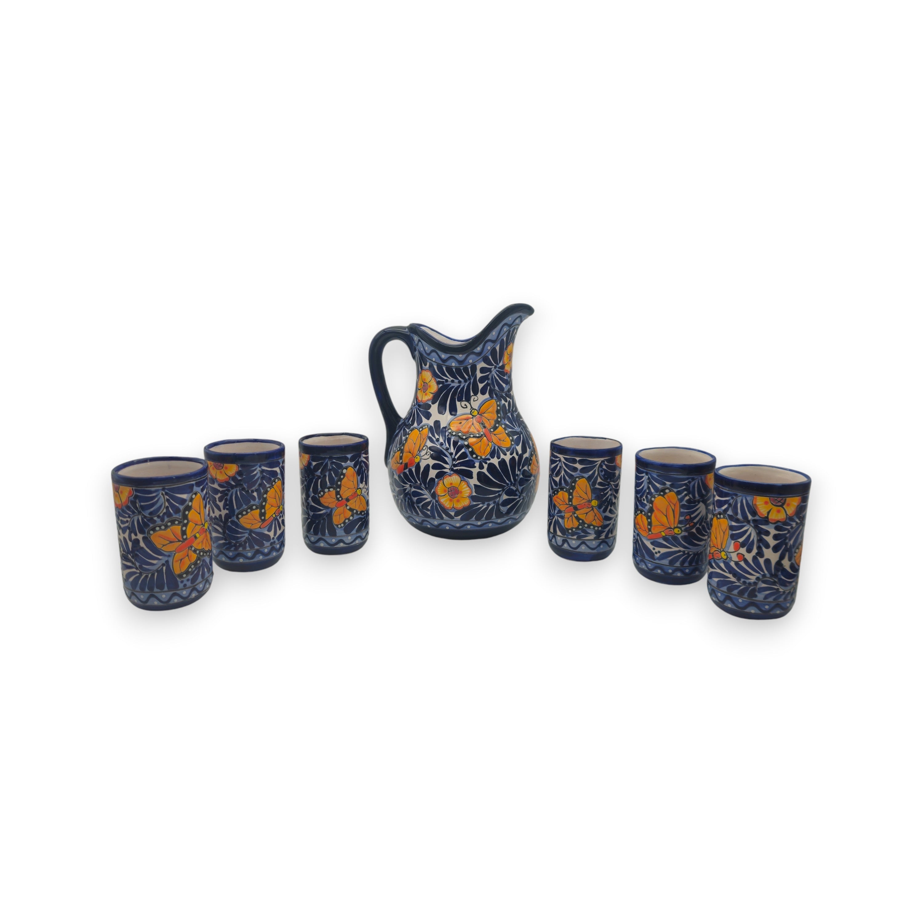 Blue Monarch Talavera Pitcher Set | Mexican Ceramic Drinkware