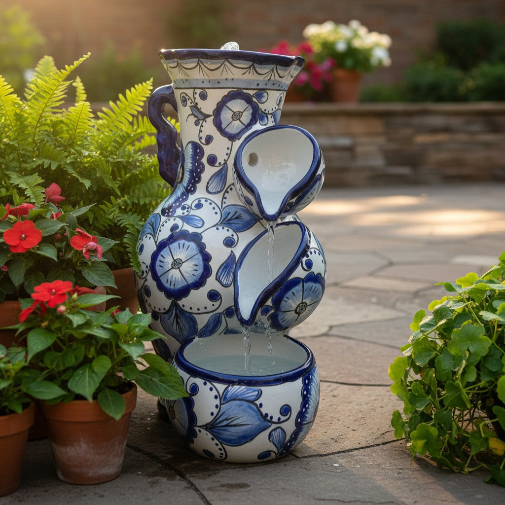 Blue & White Talavera Fountain | Handmade Floral Butterfly