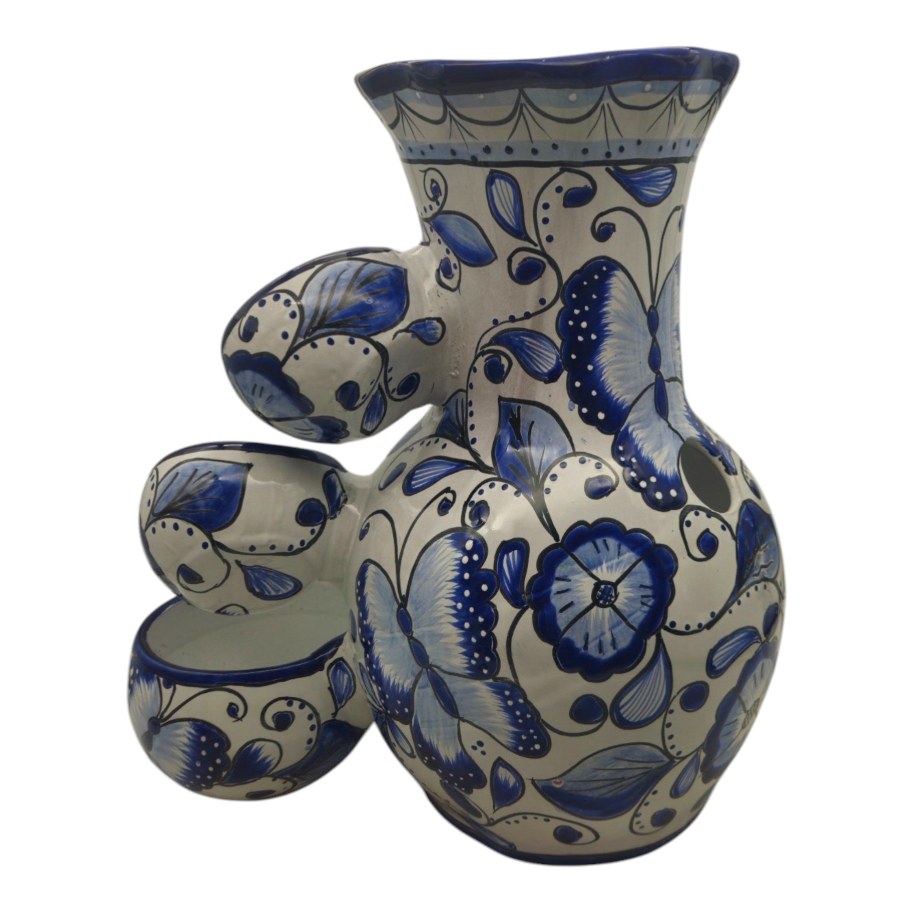 Blue & White Talavera Fountain | Handmade Floral Butterfly