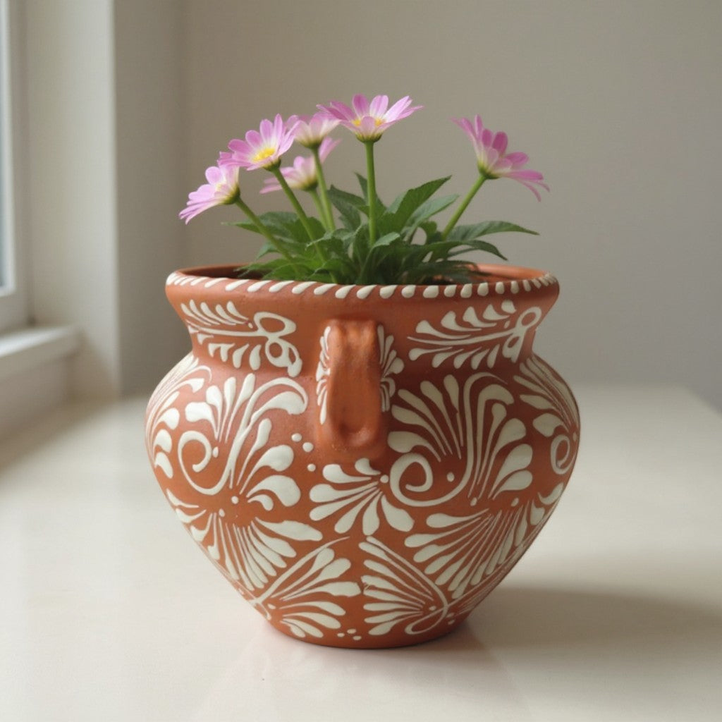 Handmade Talavera Flower Pot | Terracotta & White Design