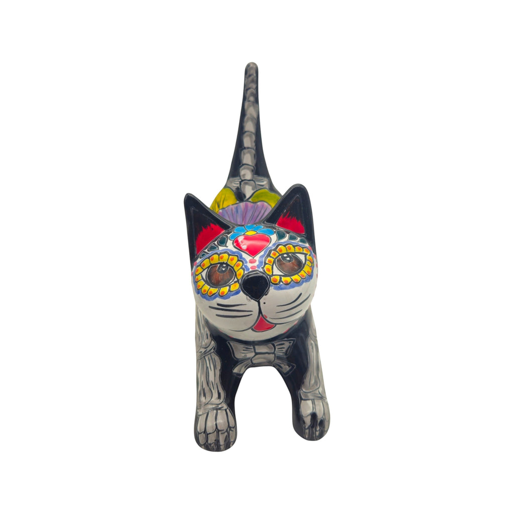 Talavera Stretching Cat Statue | Day of the Dead Floral Design