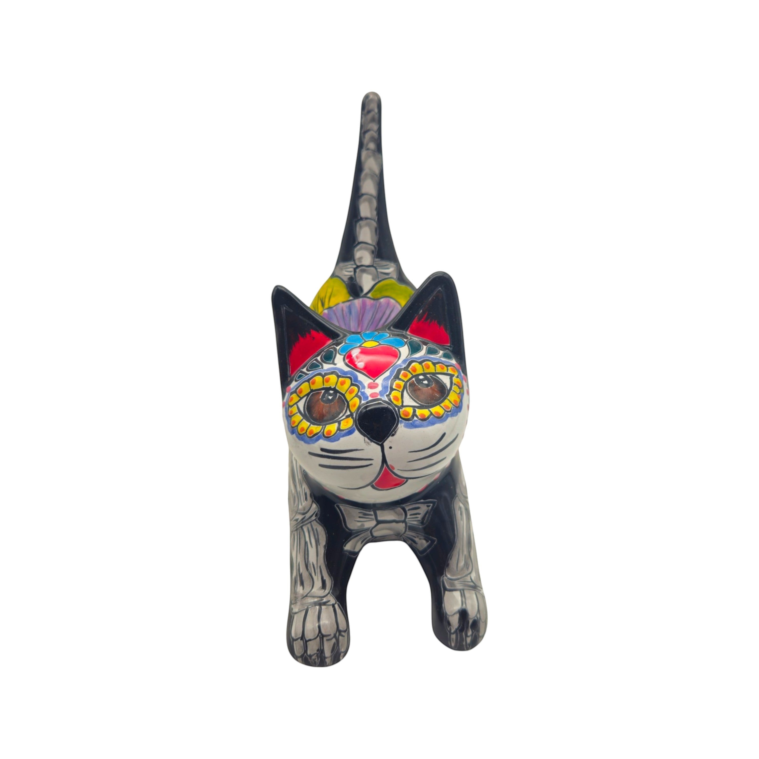 Talavera Stretching Cat Statue | Day of the Dead Floral Design