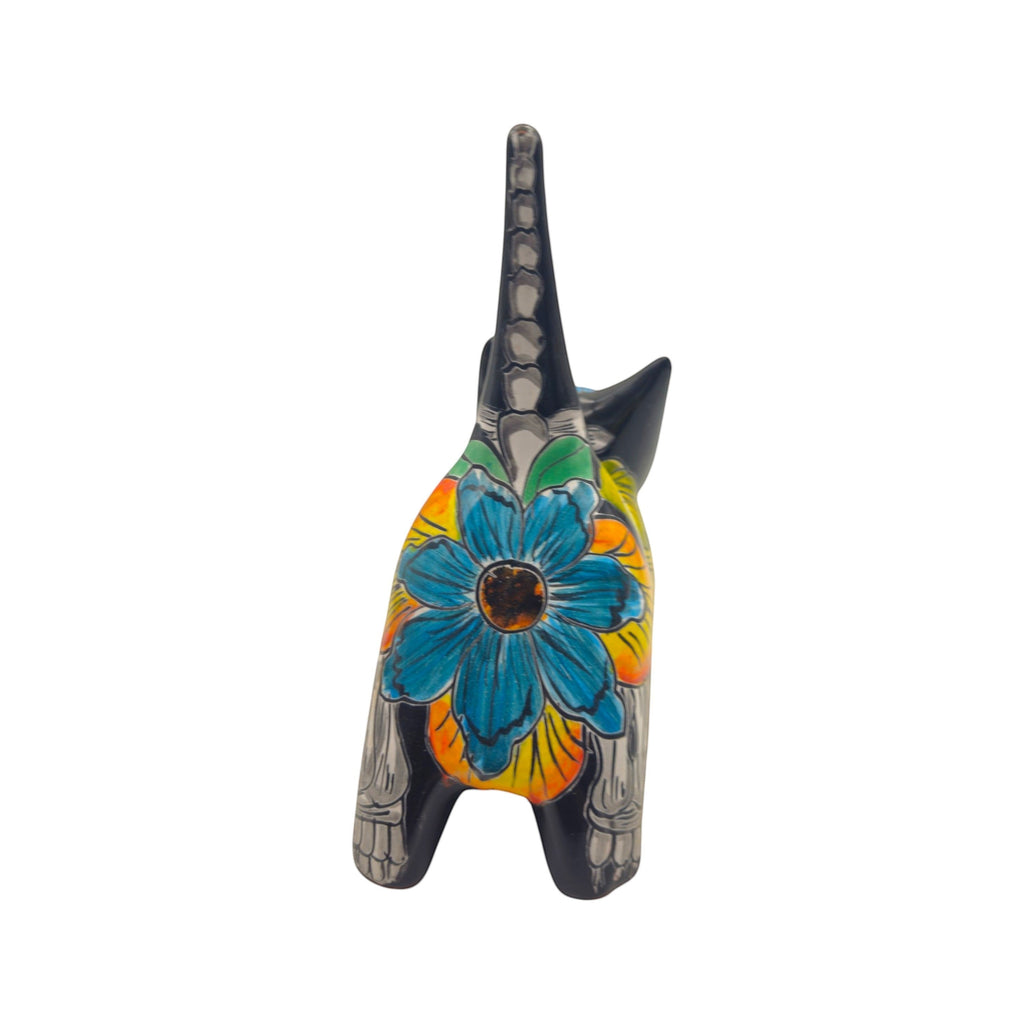 Talavera Stretching Cat Statue | Day of the Dead Floral Design