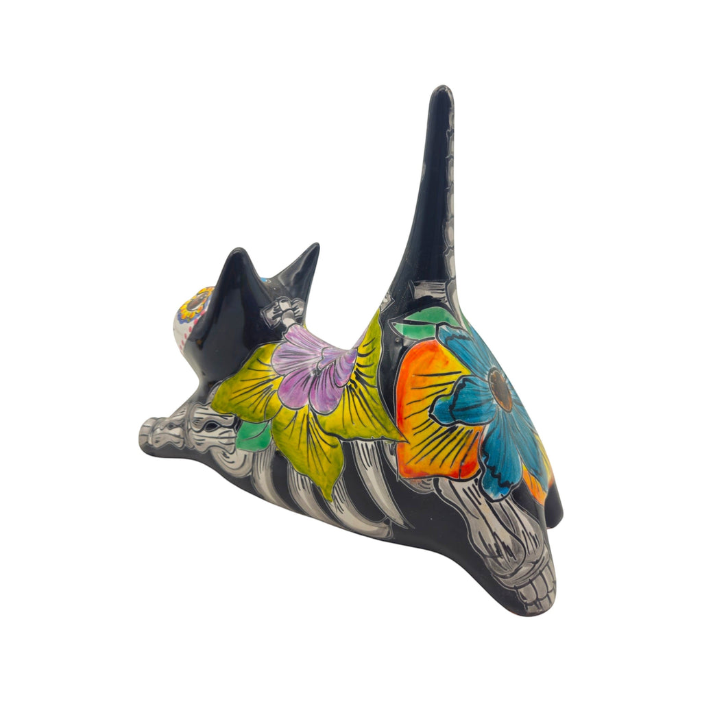 Talavera Stretching Cat Statue | Day of the Dead Floral Design