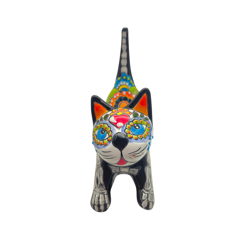 Talavera Stretching Cat Statue | Day of the Dead Floral Design