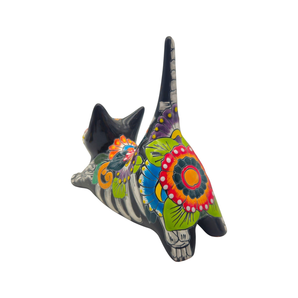 Talavera Stretching Cat Statue | Day of the Dead Floral Design