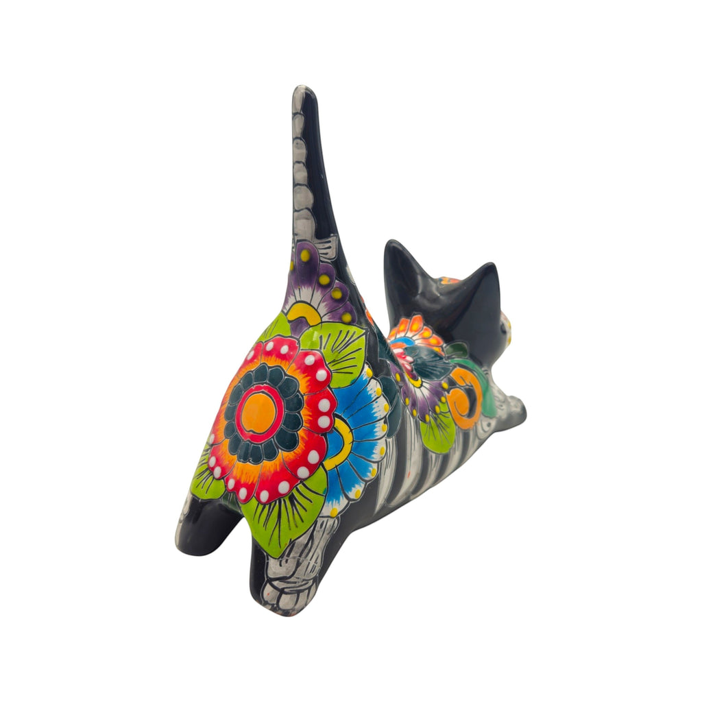 Talavera Stretching Cat Statue | Day of the Dead Floral Design
