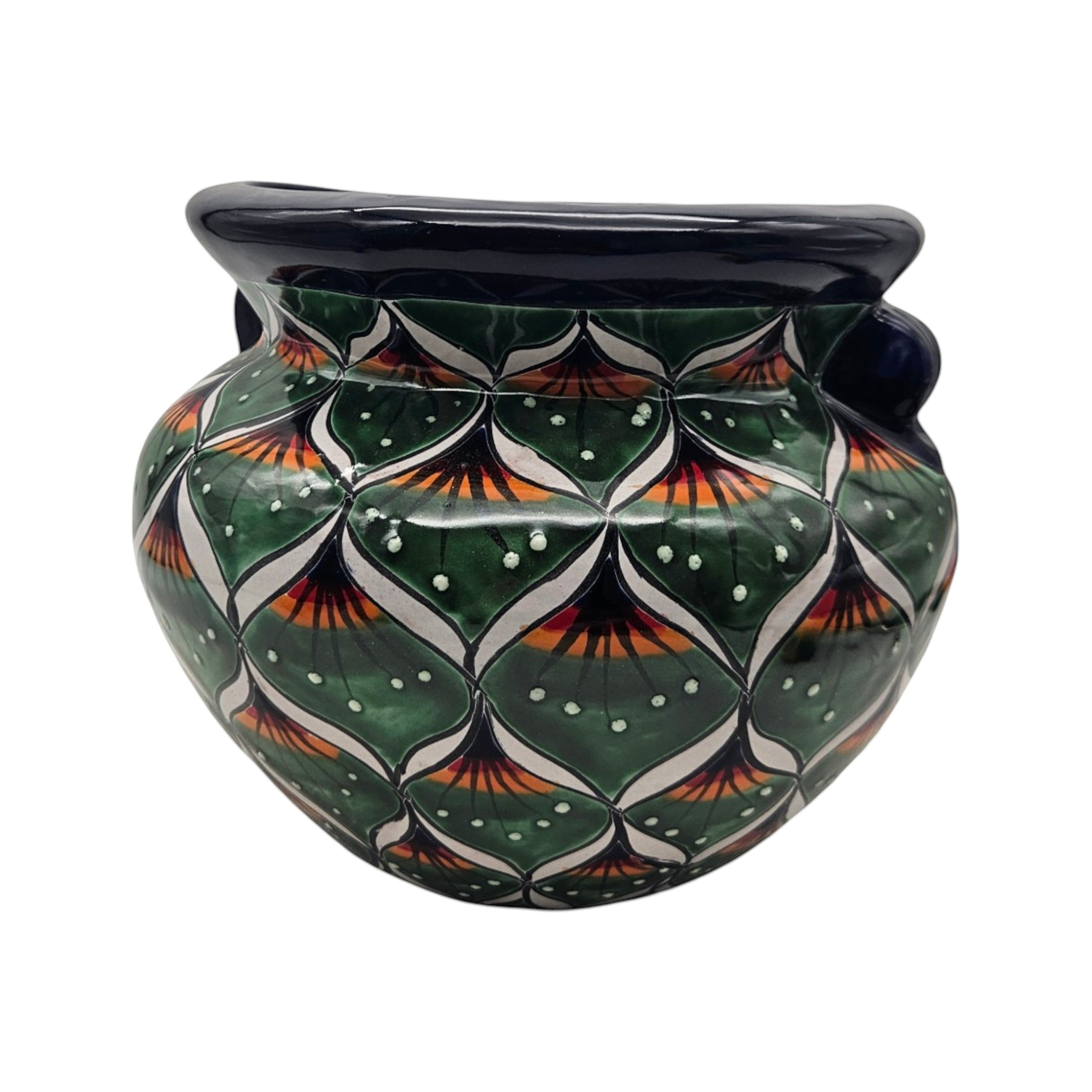 Vibrant Talavera Flower Pot | Green Peacock Design