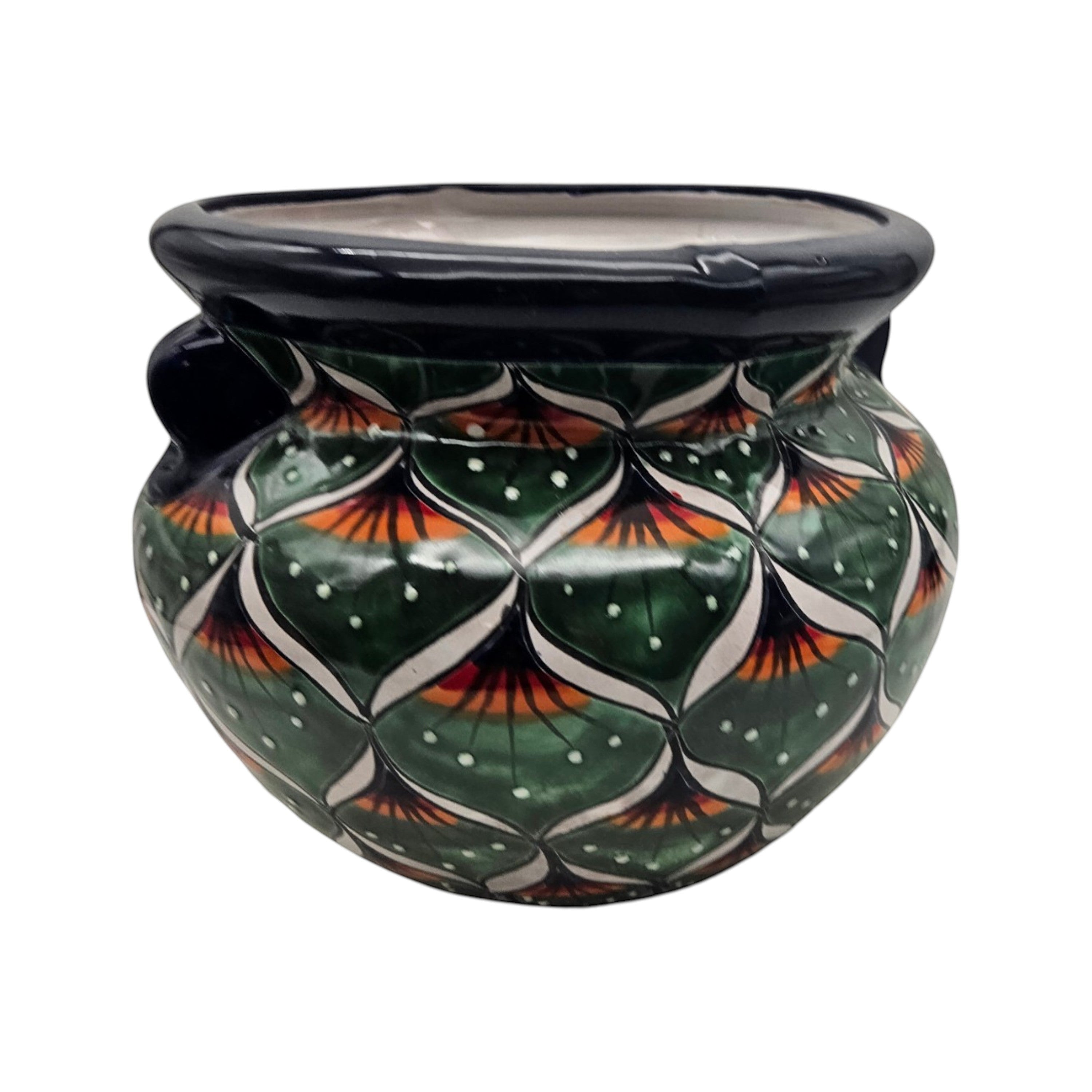 Vibrant Talavera Flower Pot | Green Peacock Design