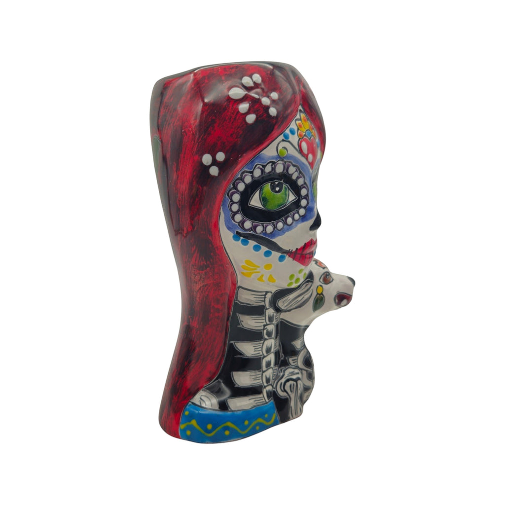Talavera Lady Skull Planter | Colorful Day of the Dead Pot with Dog