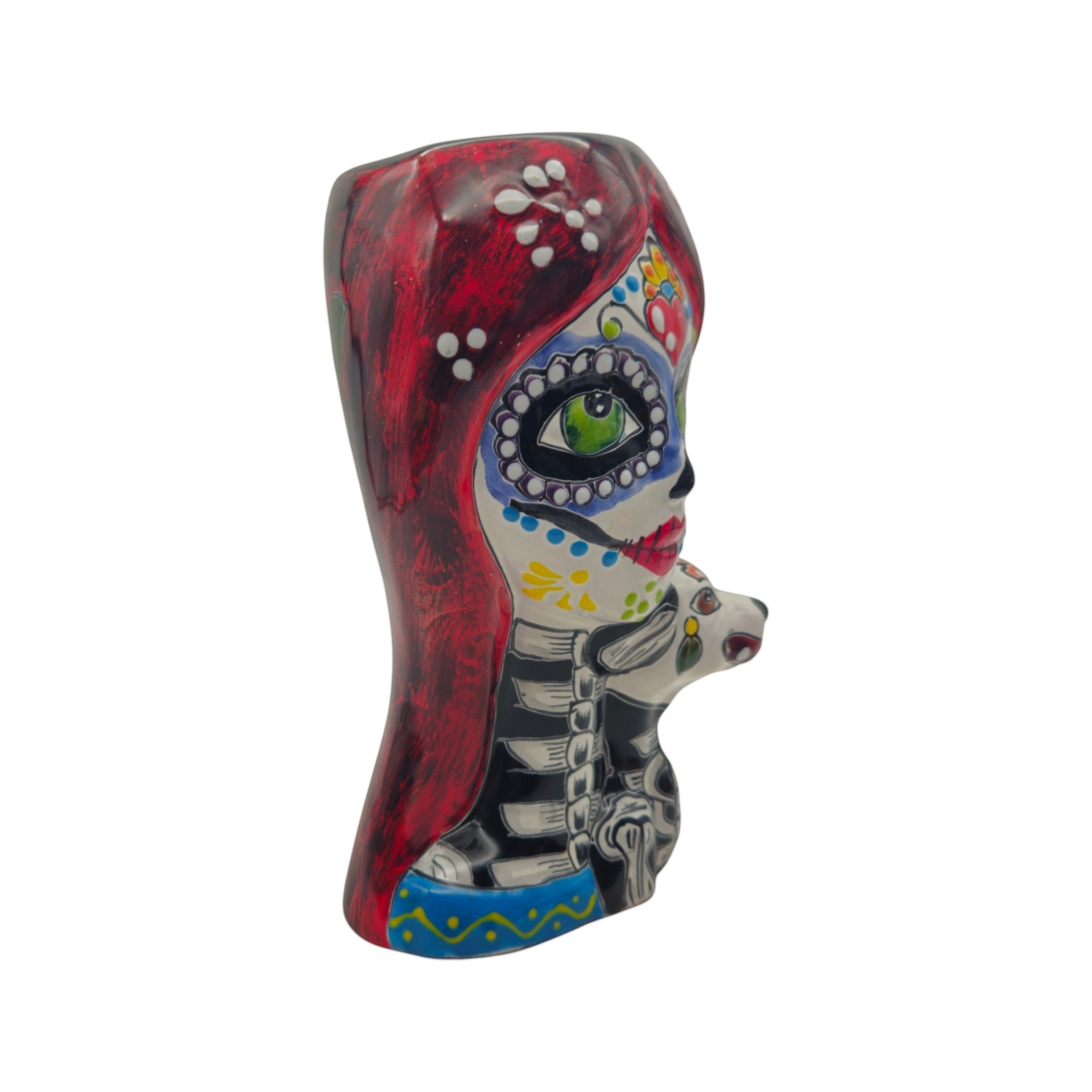 Talavera Lady Skull Planter | Colorful Day of the Dead Pot with Dog
