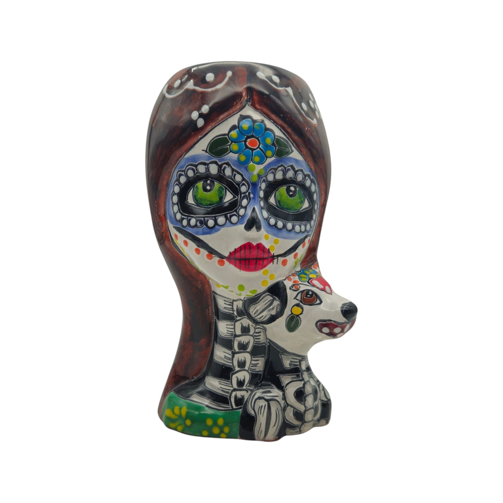 Talavera Lady Skull Planter | Colorful Day of the Dead Pot with Dog