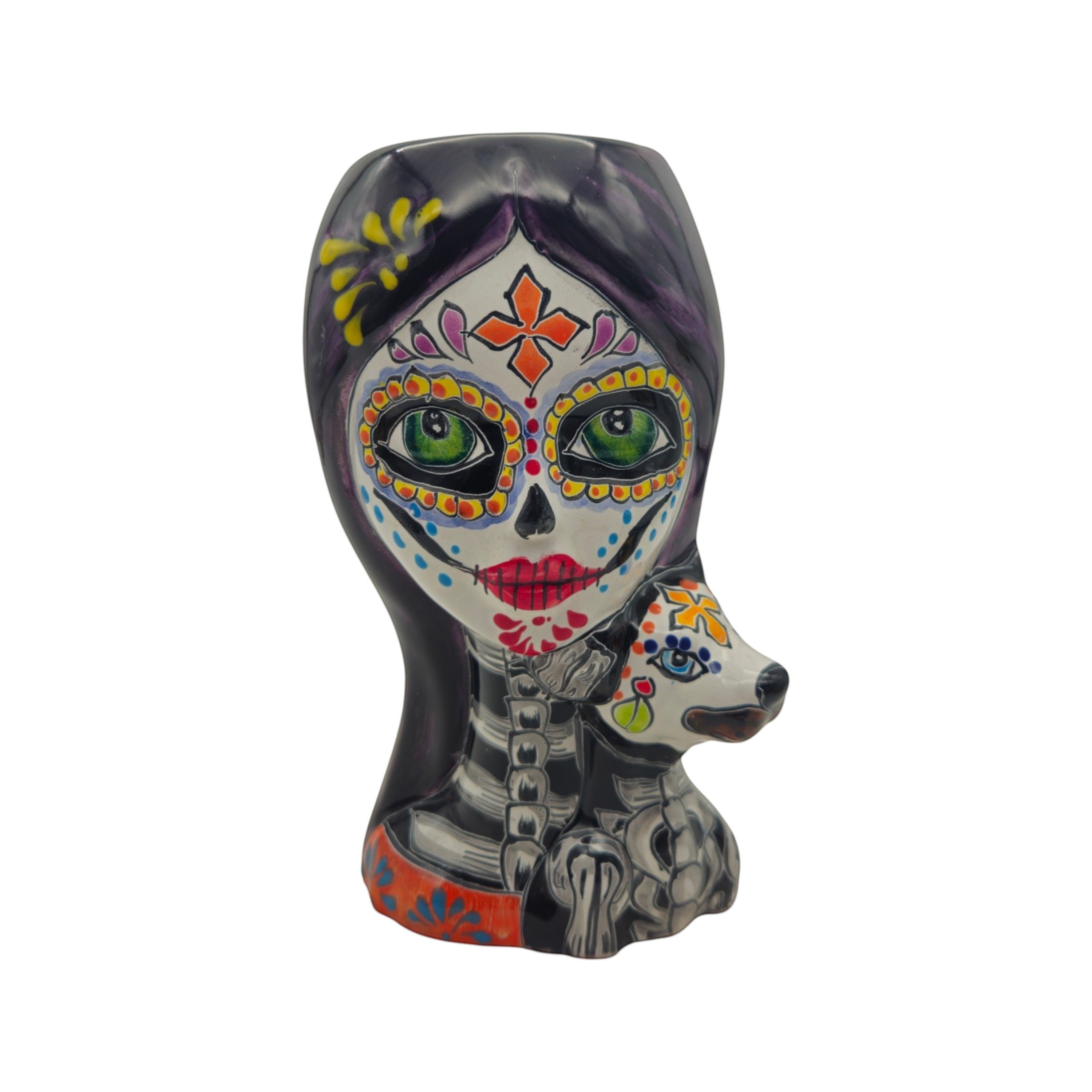 Talavera Lady Skull Planter | Colorful Day of the Dead Pot with Dog
