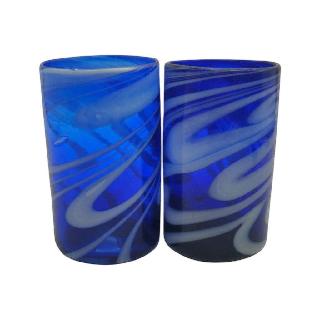 Handmade Mexican Drinking Glass | Blue with White Swirl