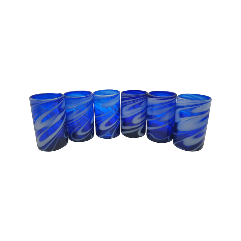 Handmade Mexican Drinking Glass | Blue with White Swirl