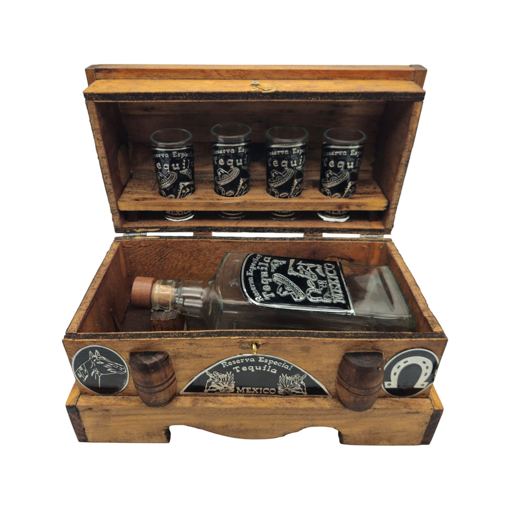 Mexican Shot Glass & Decanter Set | Rustic Wooden Chest
