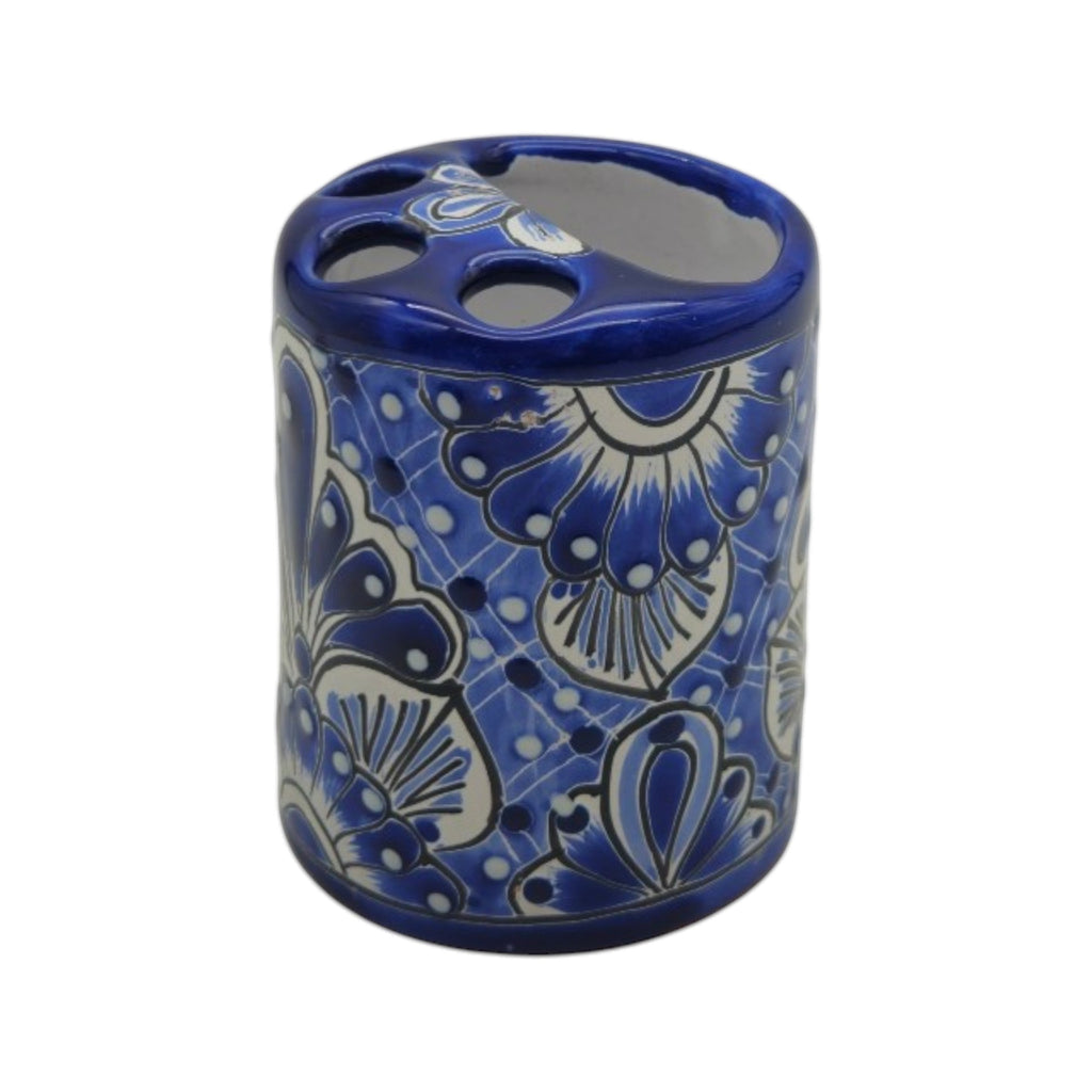 Hand-Painted Talavera Toothbrush Holder | Blue & White Ceramic