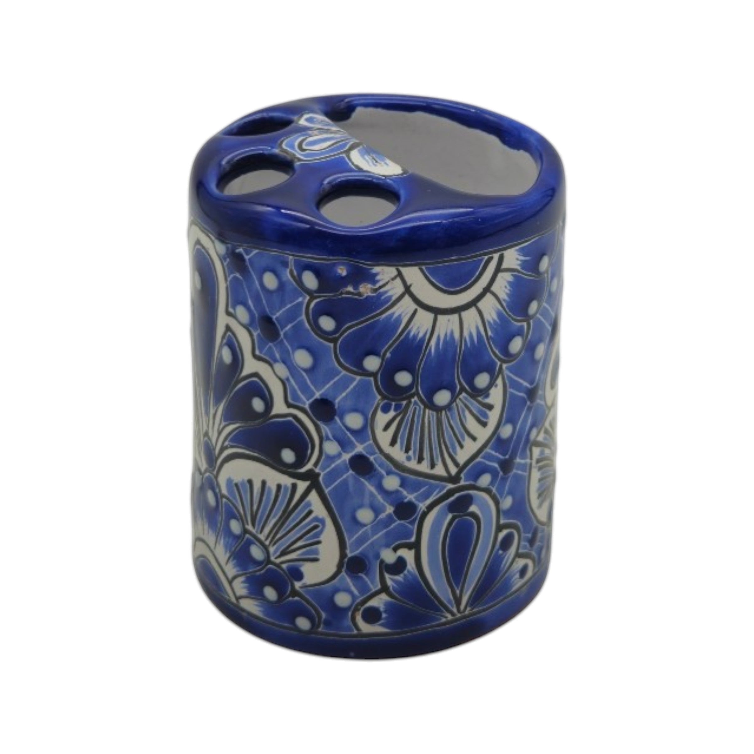 Hand-Painted Talavera Toothbrush Holder | Blue & White Ceramic