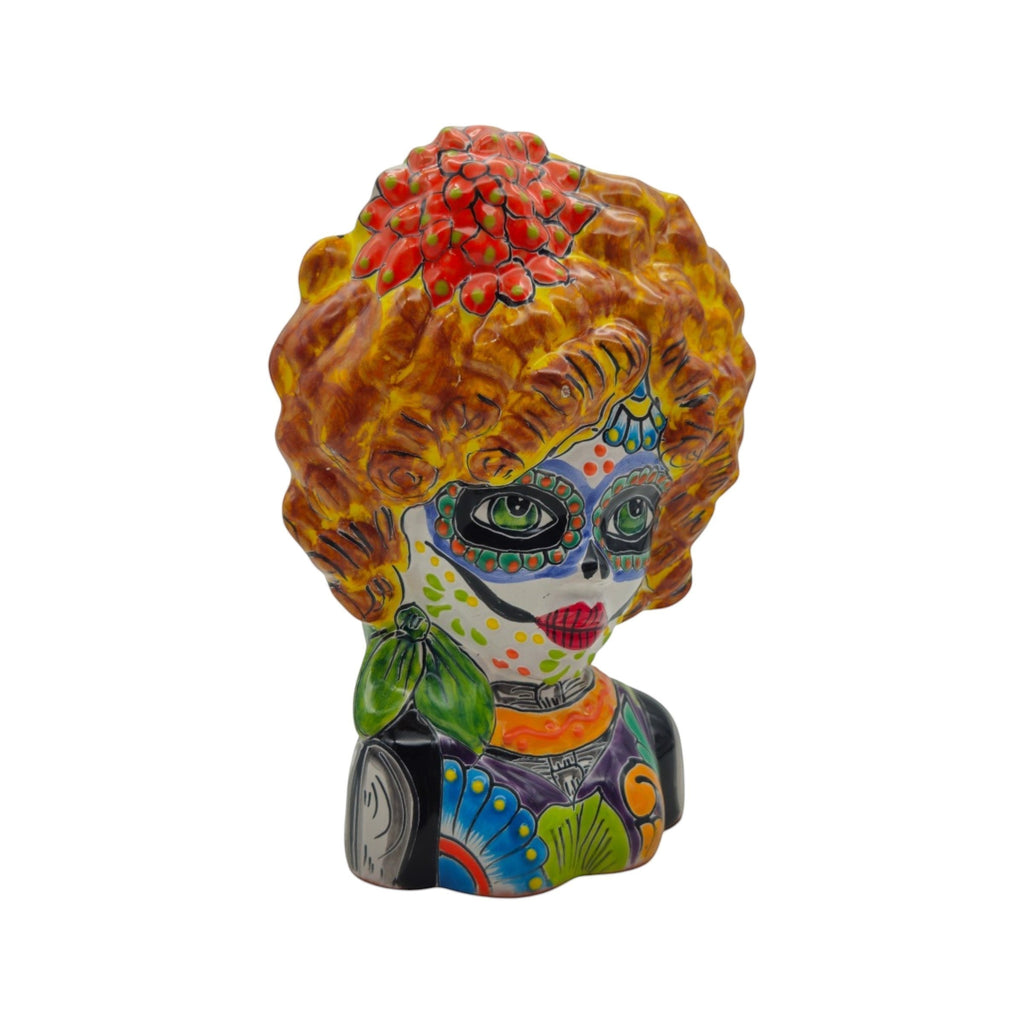 Colorful Talavera Lady Skull Planter | Day of the Dead Decor