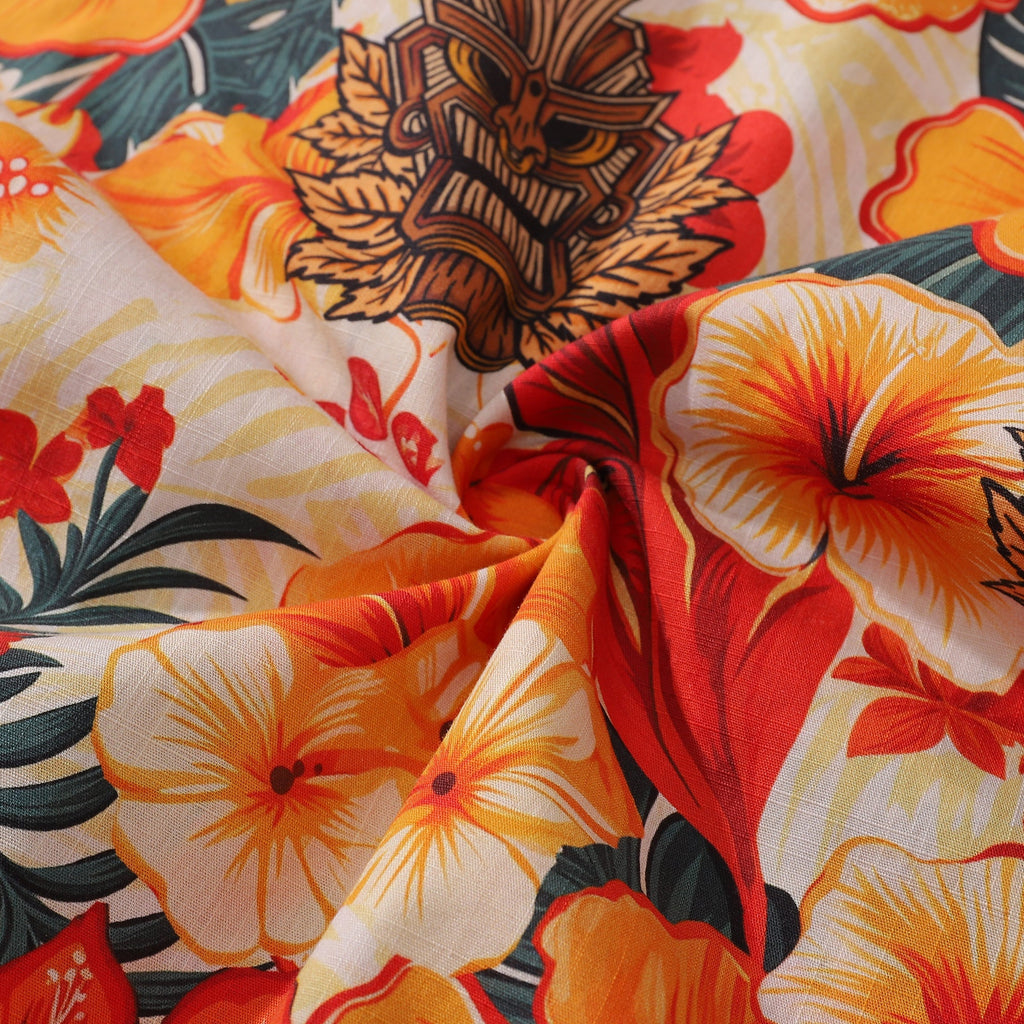 Tiki Hawaiian Shirt For Men Designer Floral Shirt Camp Collar 100% Cotton By Yakima