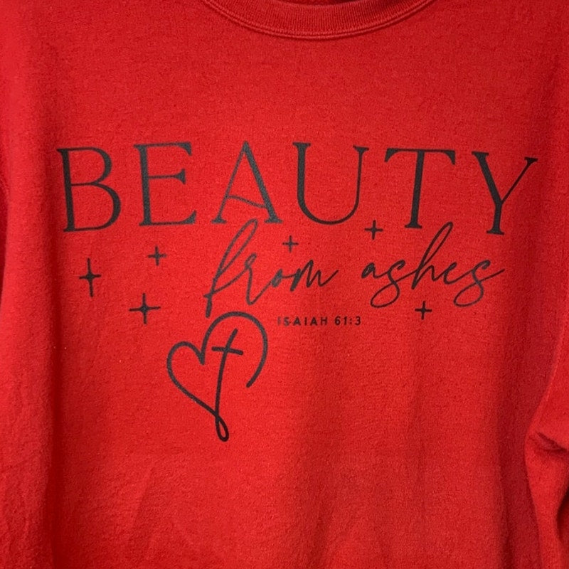 Upcycled Hand Printed Mens Large Jesus Beauty From Ashes Easter Crew Sweatshirt