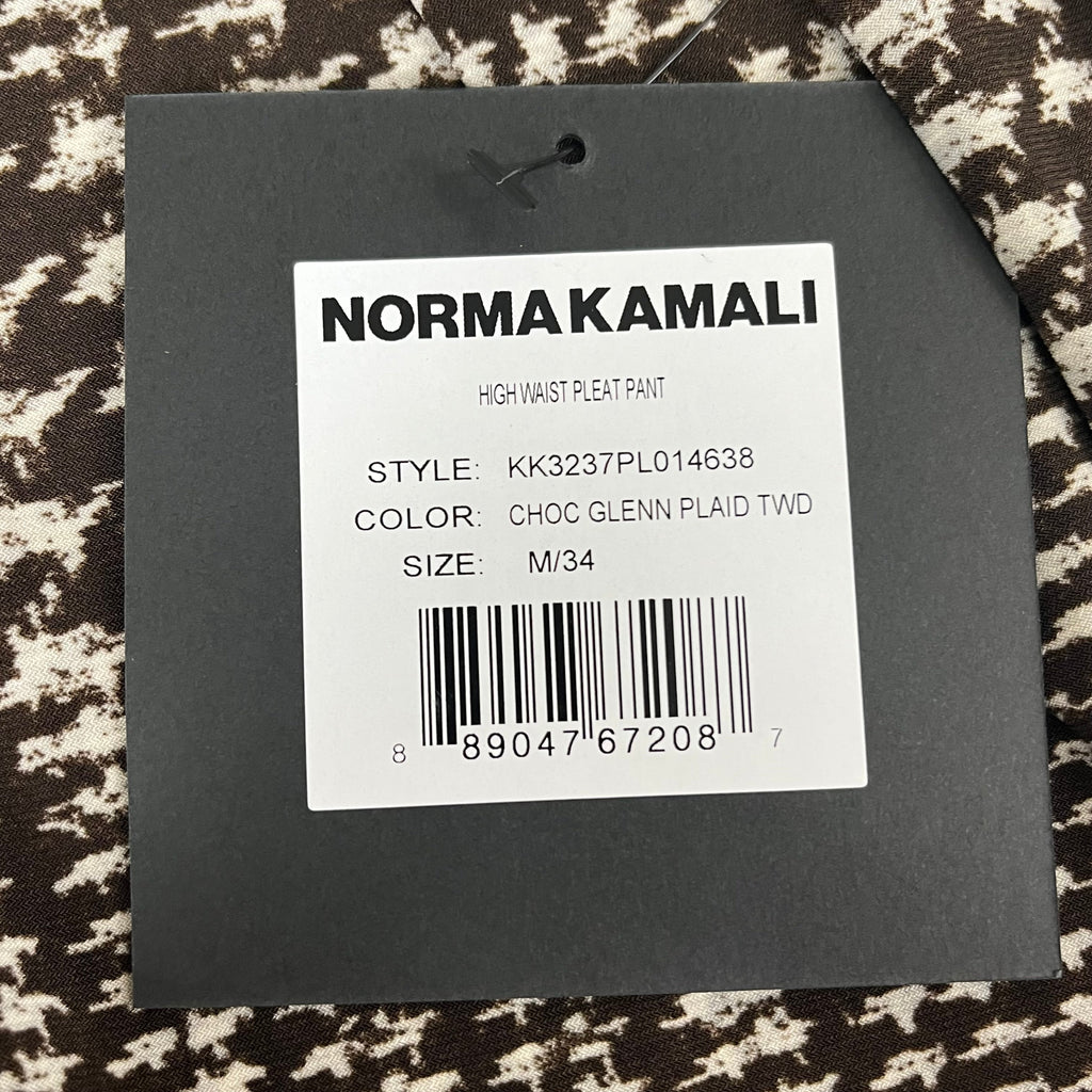 NORMA KAMALI High Waist Pleat Pant Women's Sz M/34 Chocolate Glenn Plaid Tweed