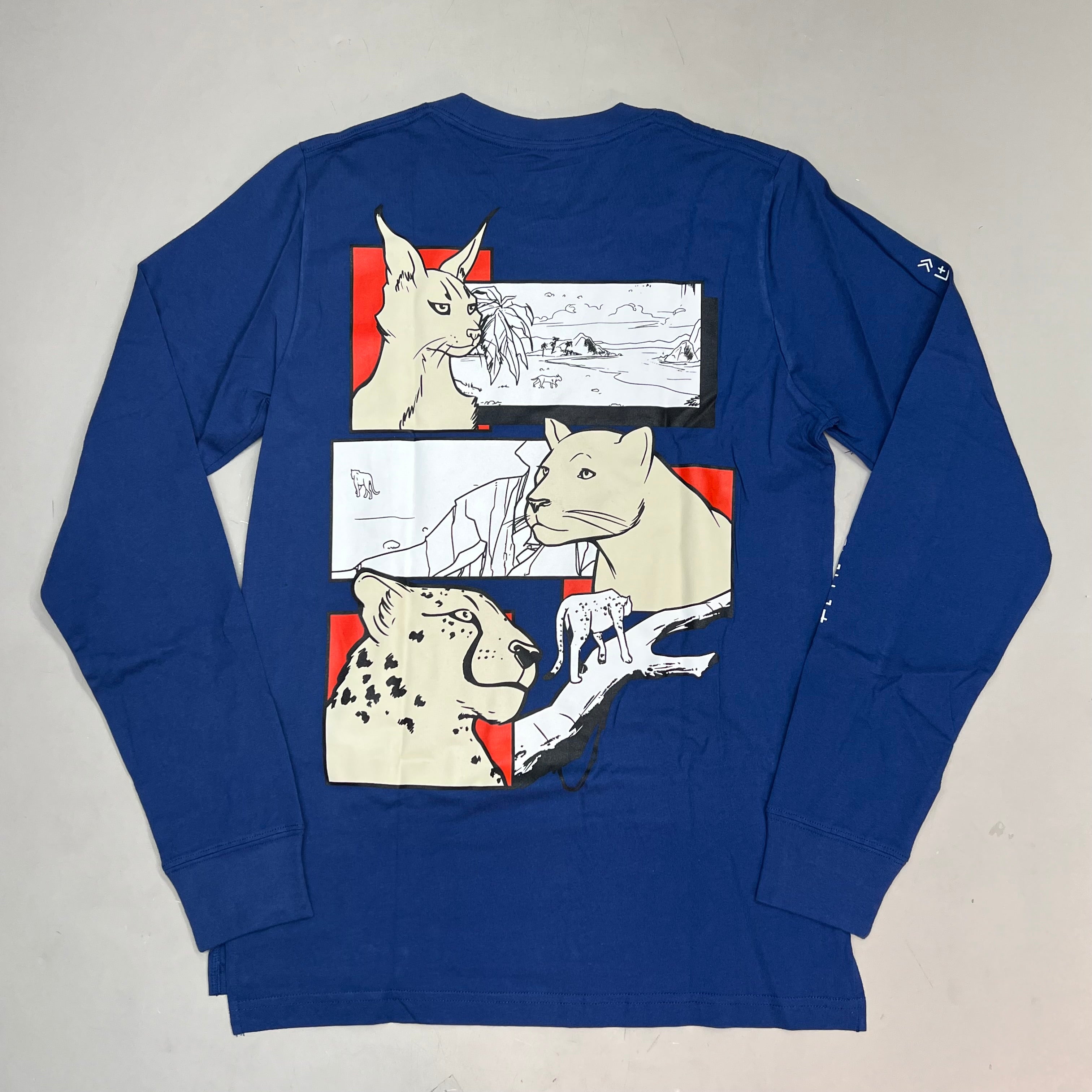 MONSTERCAT Records Long Sleeve T-Shirt Back Cat Comic Print Men's Sz S Blue