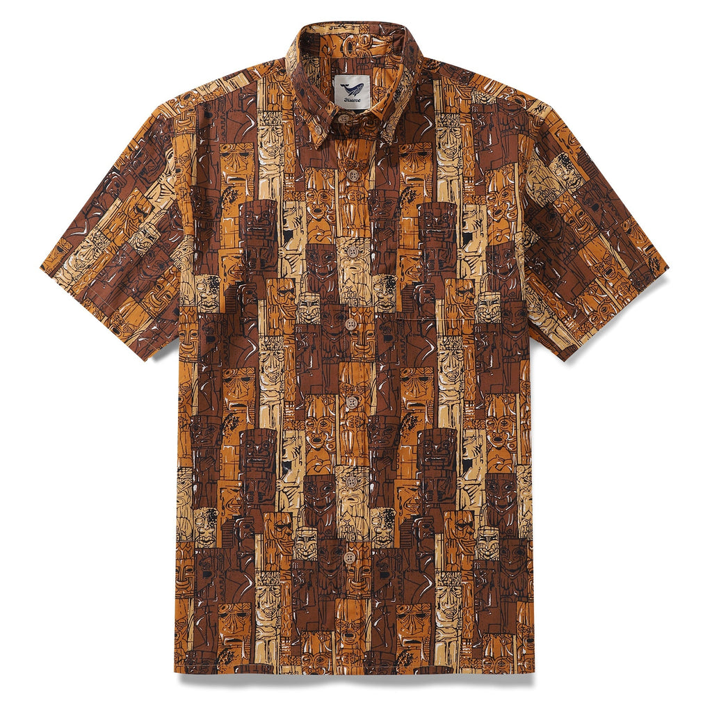 1940s Hawaiian Shirt For Men TIKI Print Cotton Button Down Short Sleeve Aloha Shirt By Sun