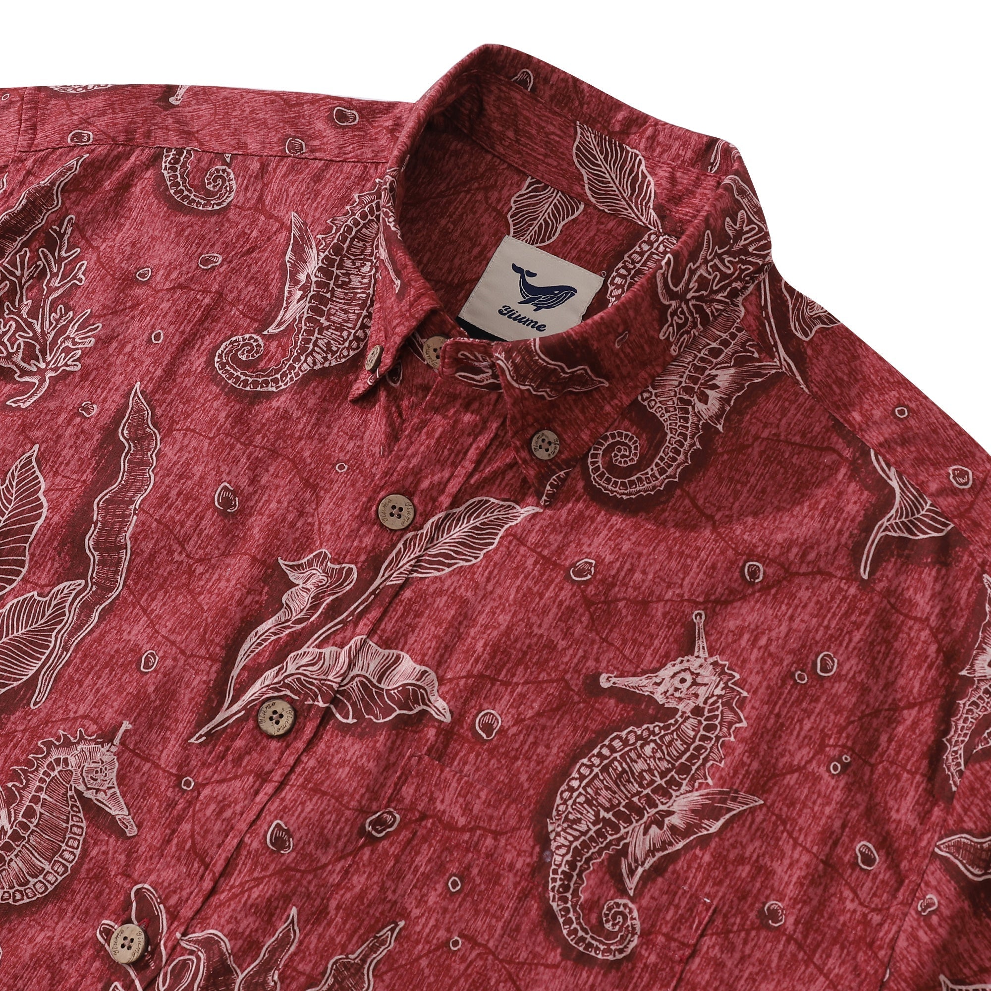 Red Hawaiian Shirt For Men Seahorses Shirt Button-down Short Sleeve 100% Cotton Shirt By Sun