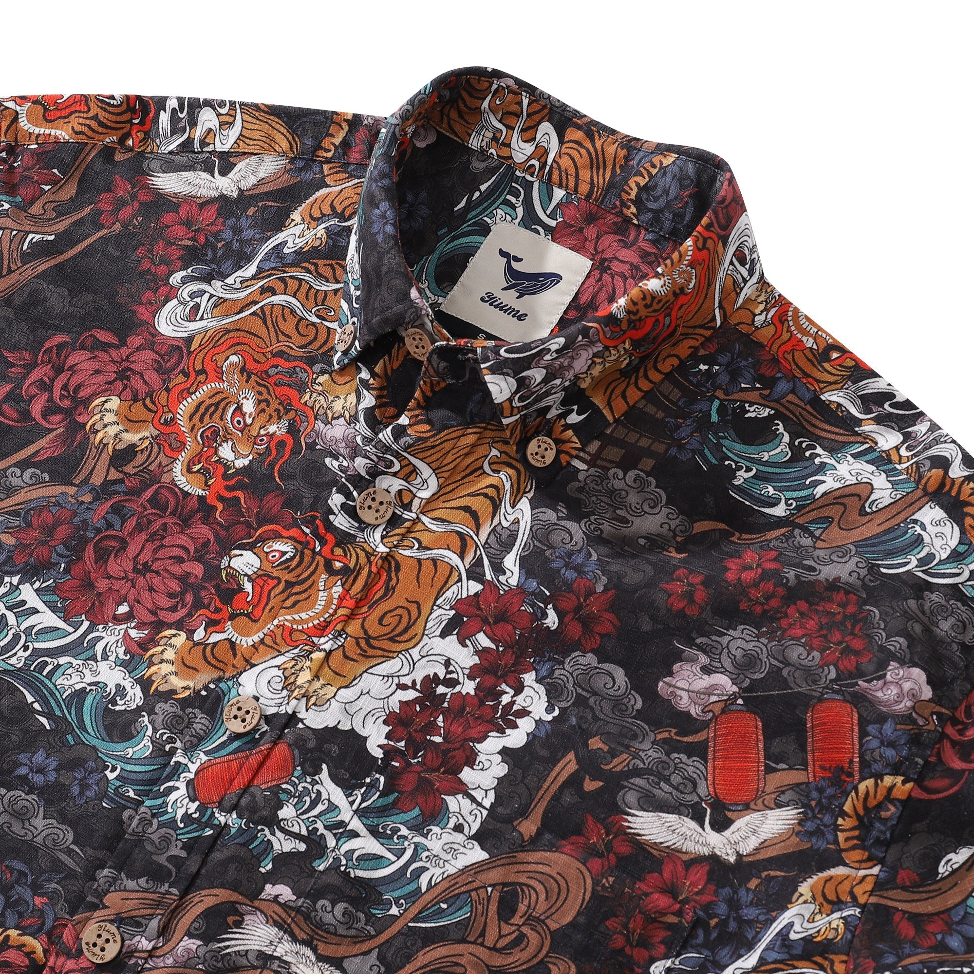 Long Sleeve Hawaiian Shirt For Men Tiger in the Mist Cotton Button-down Aloha Shirt By Yakima