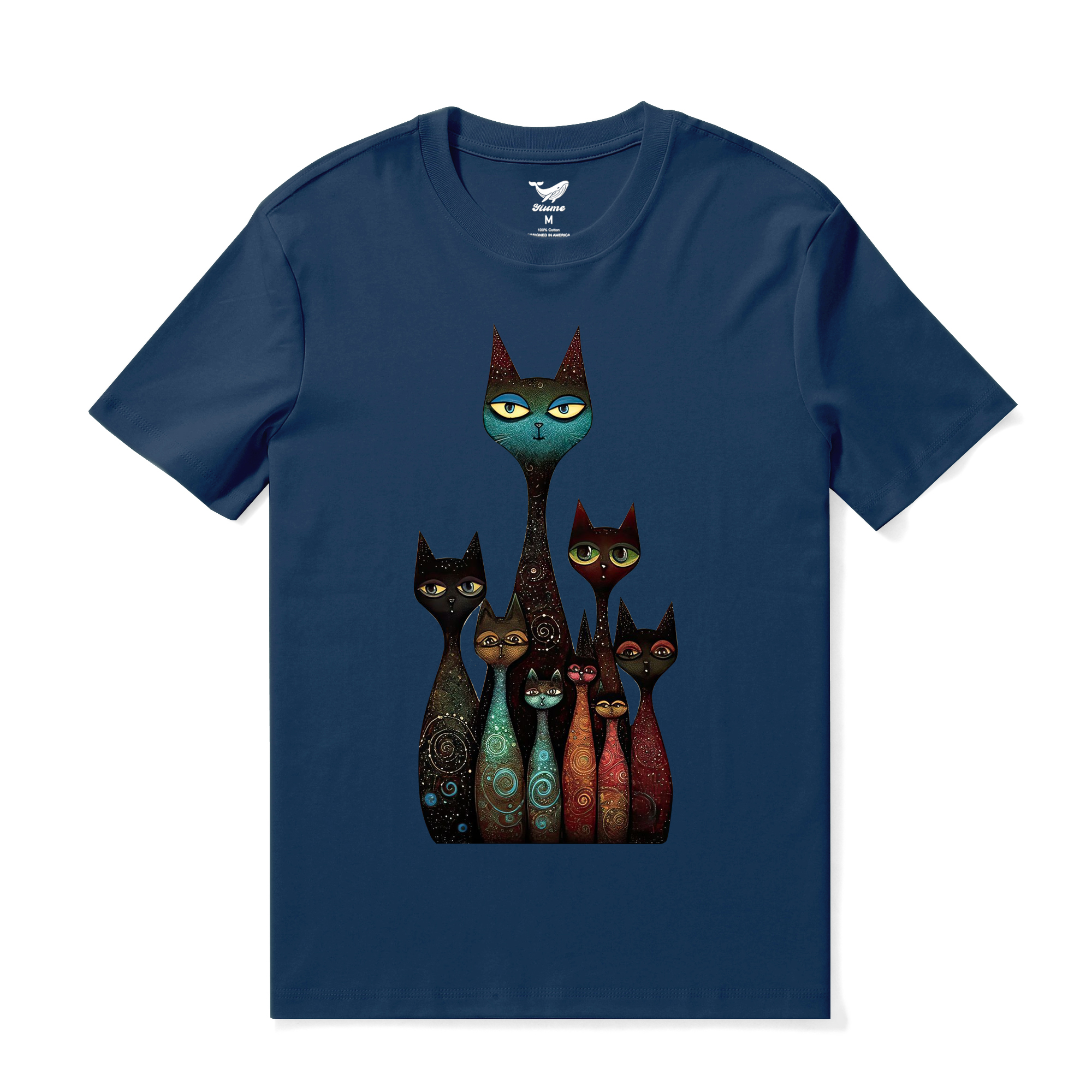 Hawaiian Tee For Men Happy Cats Tee Crew Neck 100% Cotton - NAVY BLUE By Shawn