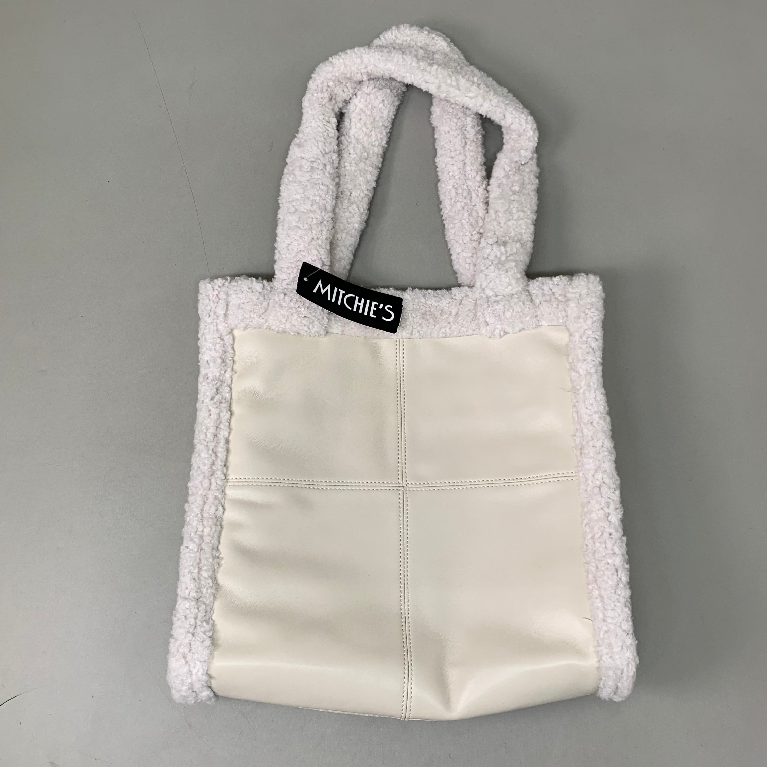 MITCHIES Leather Tote Bag Shearling Trim Button Close & Pockets Pearl PRMK07