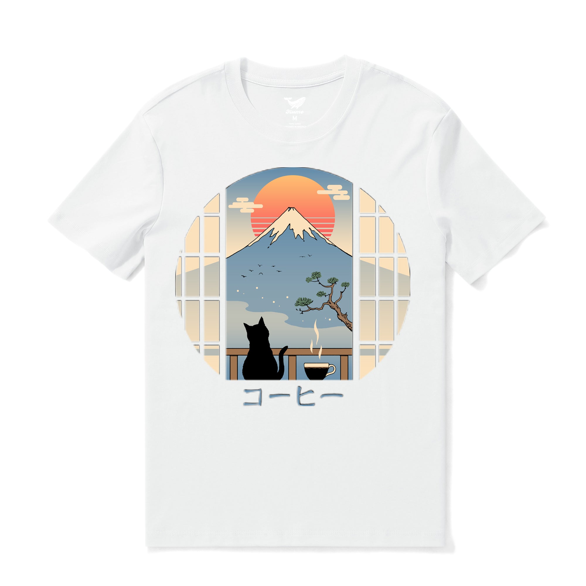 Hawaiian Tee For Men Coffee Cat in MT. FUJI Tee Crew Neck 100% Cotton - WHITE By Shawn