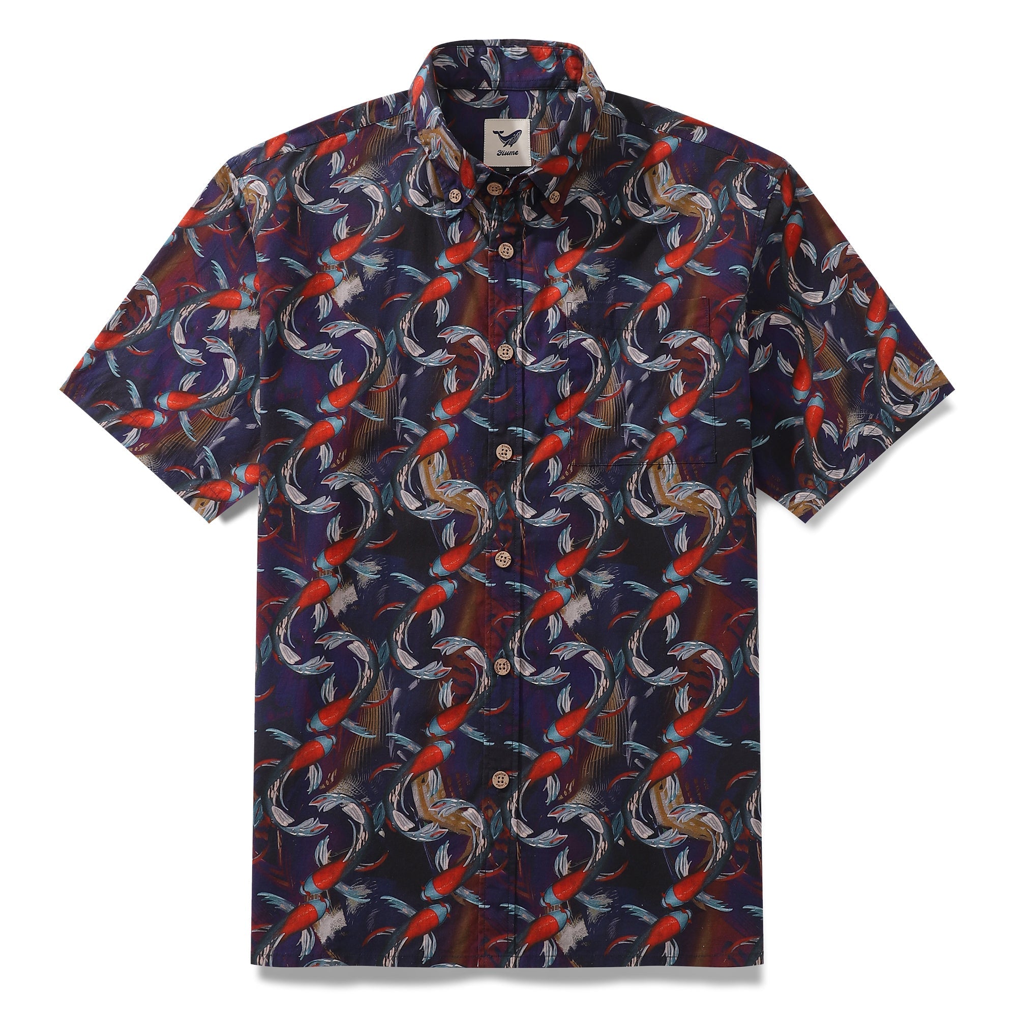 Men's Hawaiian Shirt Good Fortune Koi Print Cotton Button-down Short Sleeve Aloha Shirt By Cigar
