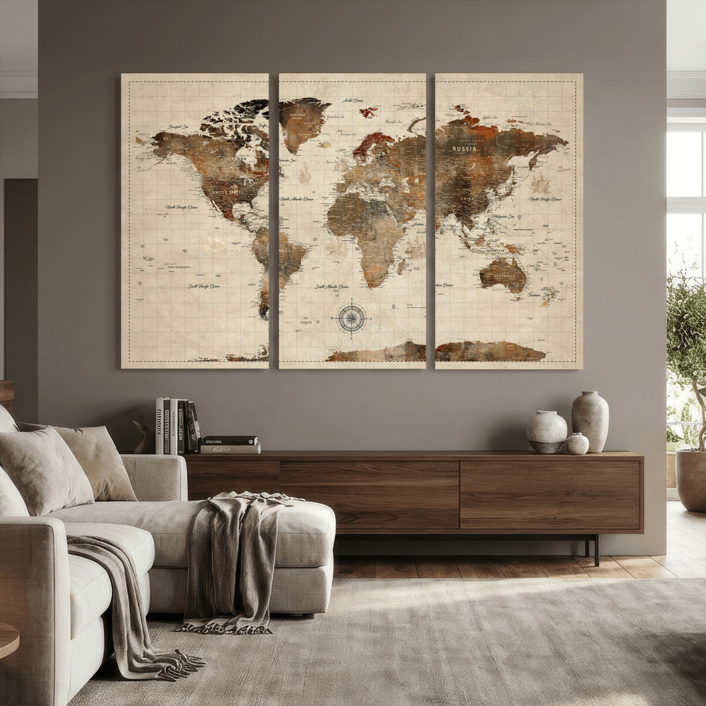 Vintage World Map Wall Art Canvas Print for Living Room,