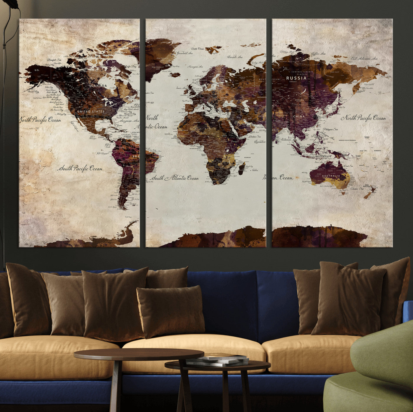 World Map Canvas Triptych – Colorful Global Wall Art for