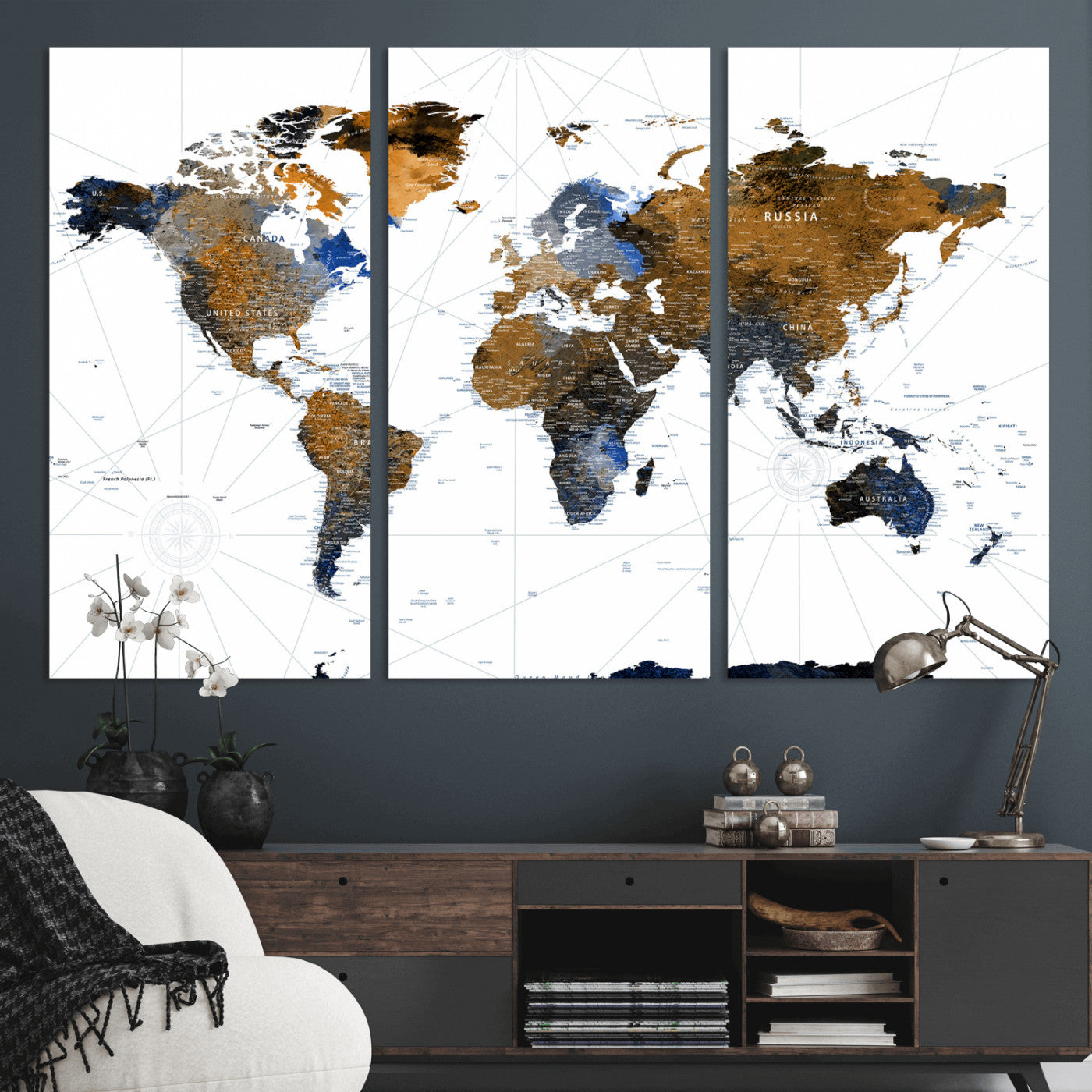 World Map Wall Art Canvas Print, Modern Decorative Framed