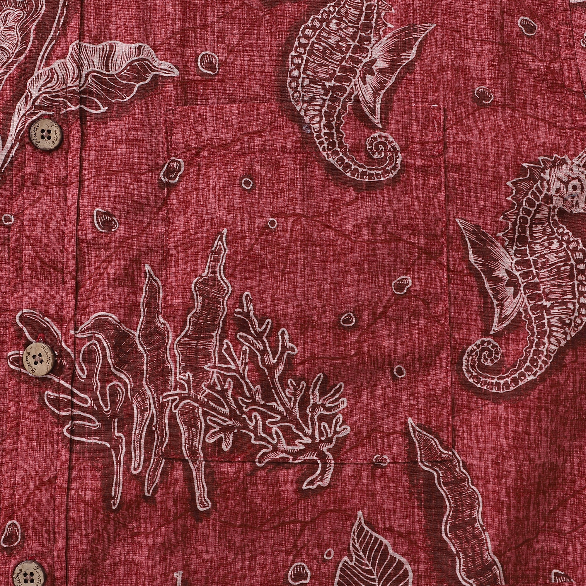 Red Hawaiian Shirt For Men Seahorses Shirt Button-down Short Sleeve 100% Cotton Shirt By Sun