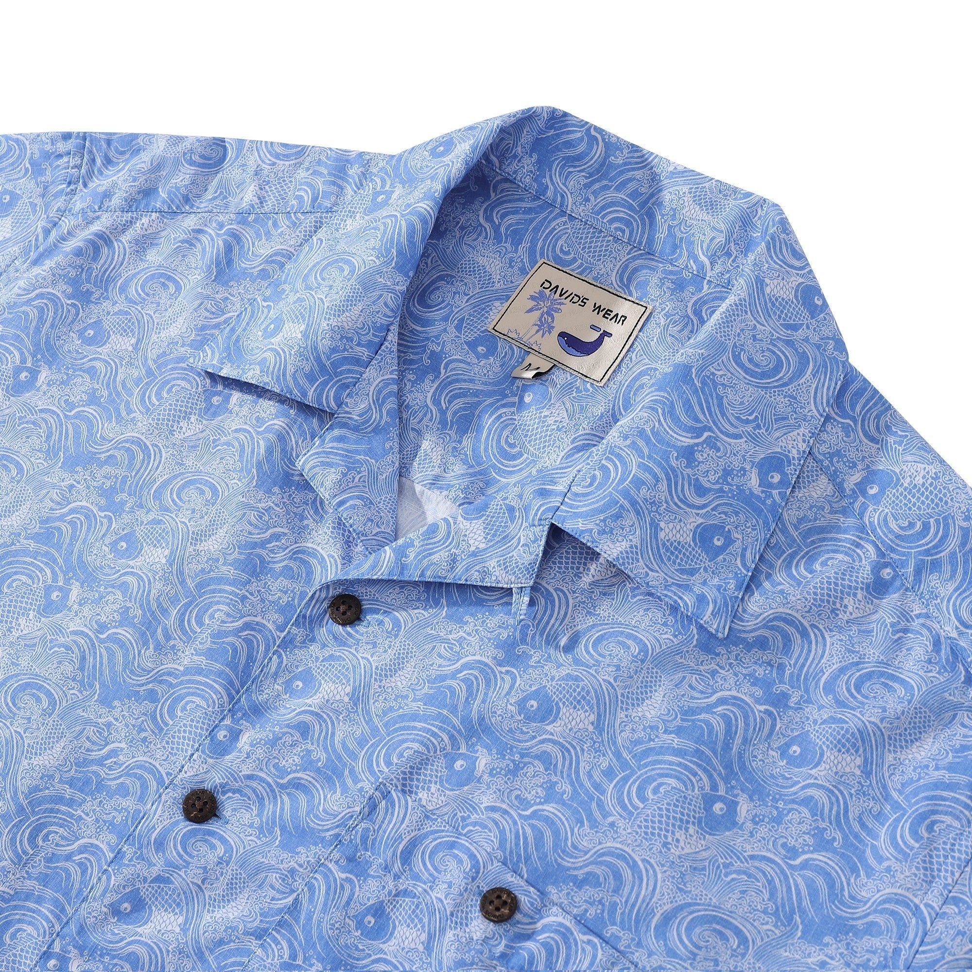 Hawaiian Shirts For Men Traditional Koi Carp Printed 100% Cotton Short Sleeve - Blue By Amy