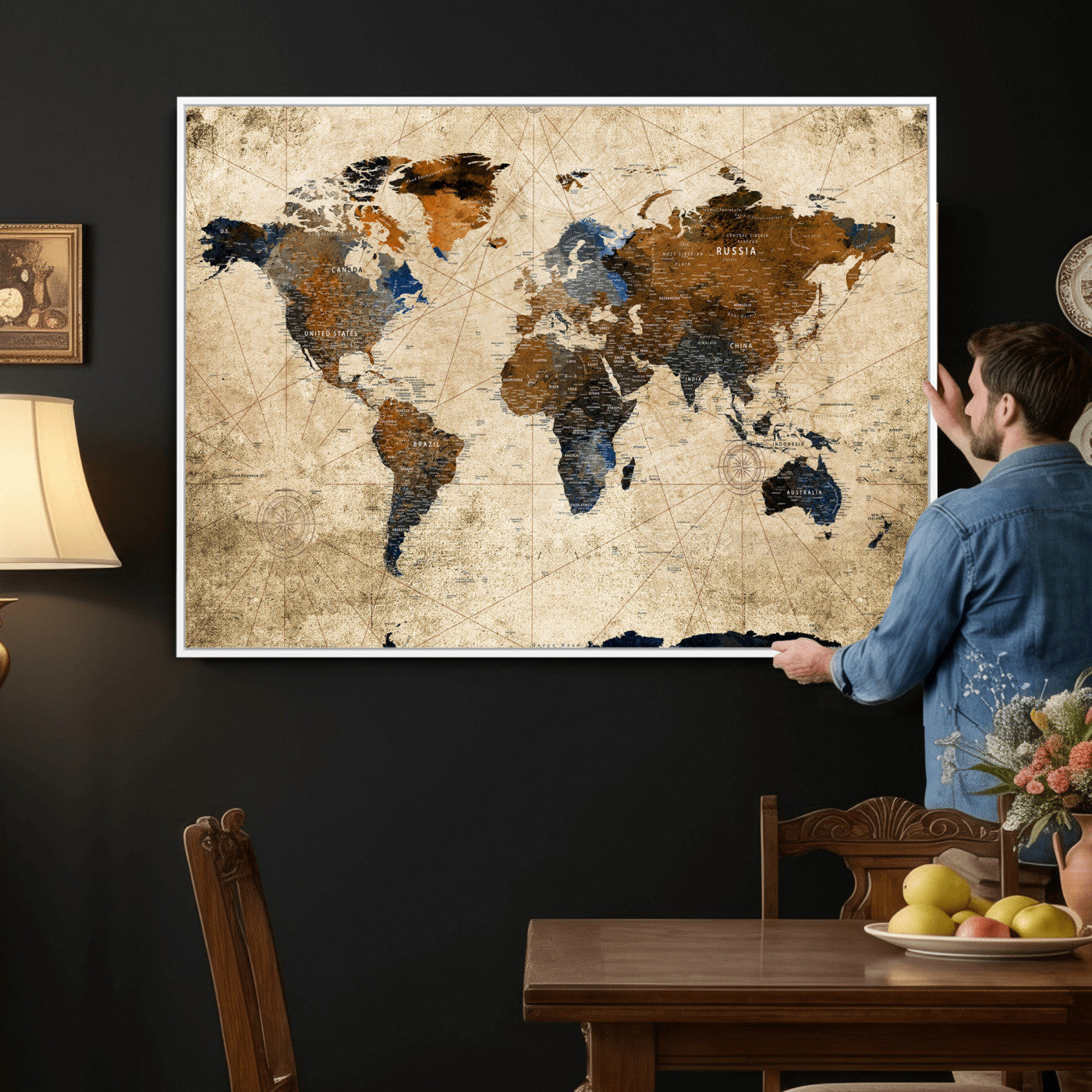 World Map Wall Art Canvas Print, Modern Decorative Framed