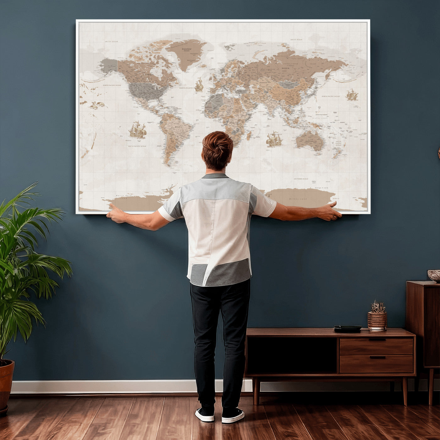 Framed Large World Map Canvas Print for Office Decor